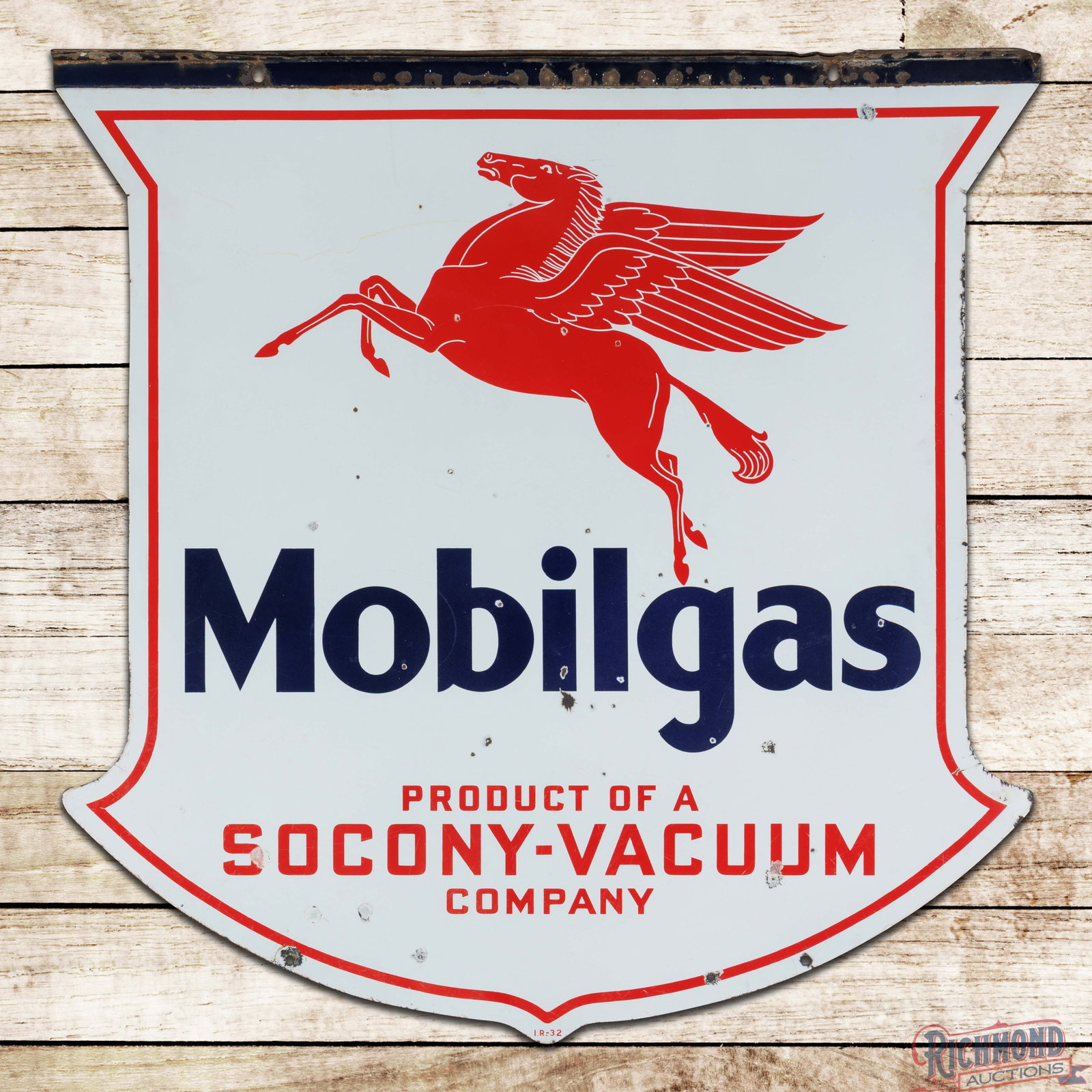 1932 Mobiloil Socony Vacuum Company Die Cut 4' Double Sided Porcelain Sign w/ Pegasus: DSP (double sided porcelain) sign has very good color and gloss. Side #1 has marks and chips in the fields with areas of minor color match in the lower fields. The perimeter has small chips at the low
