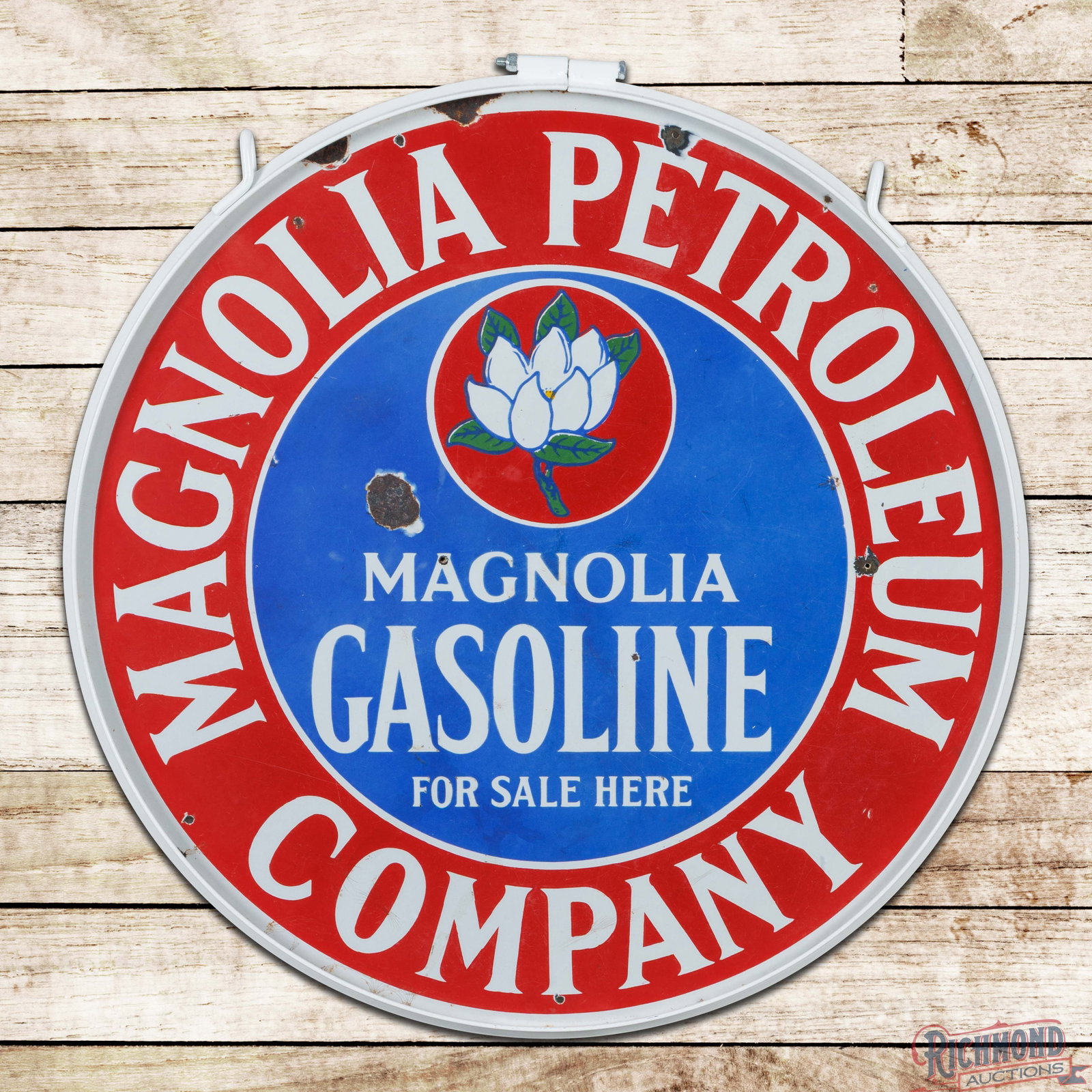 Magnolia Petroum Company Gasoline "For Sale Here" 30" Double Sided Porcelain Sign w/ Ring: DSP (double sided porcelain) sign has good color and moderate gloss. Side #1 has chips with surface wear, tiny non-factory holes and areas of lower gloss. The outer fields and perimeter have minor cra