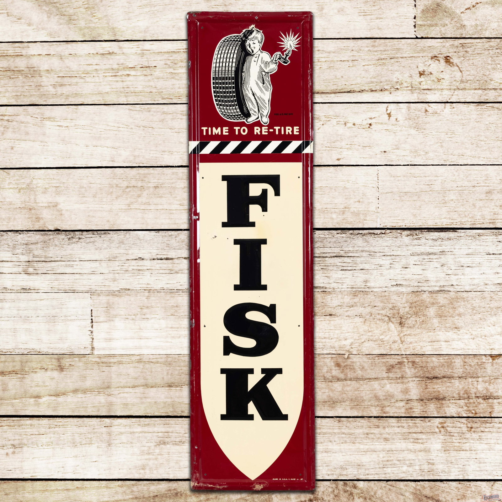 1947 Fisk Time to Re-Tire 5' Emb. Single Sided Tin Sign w/ Fisk Boy (1 of 3)