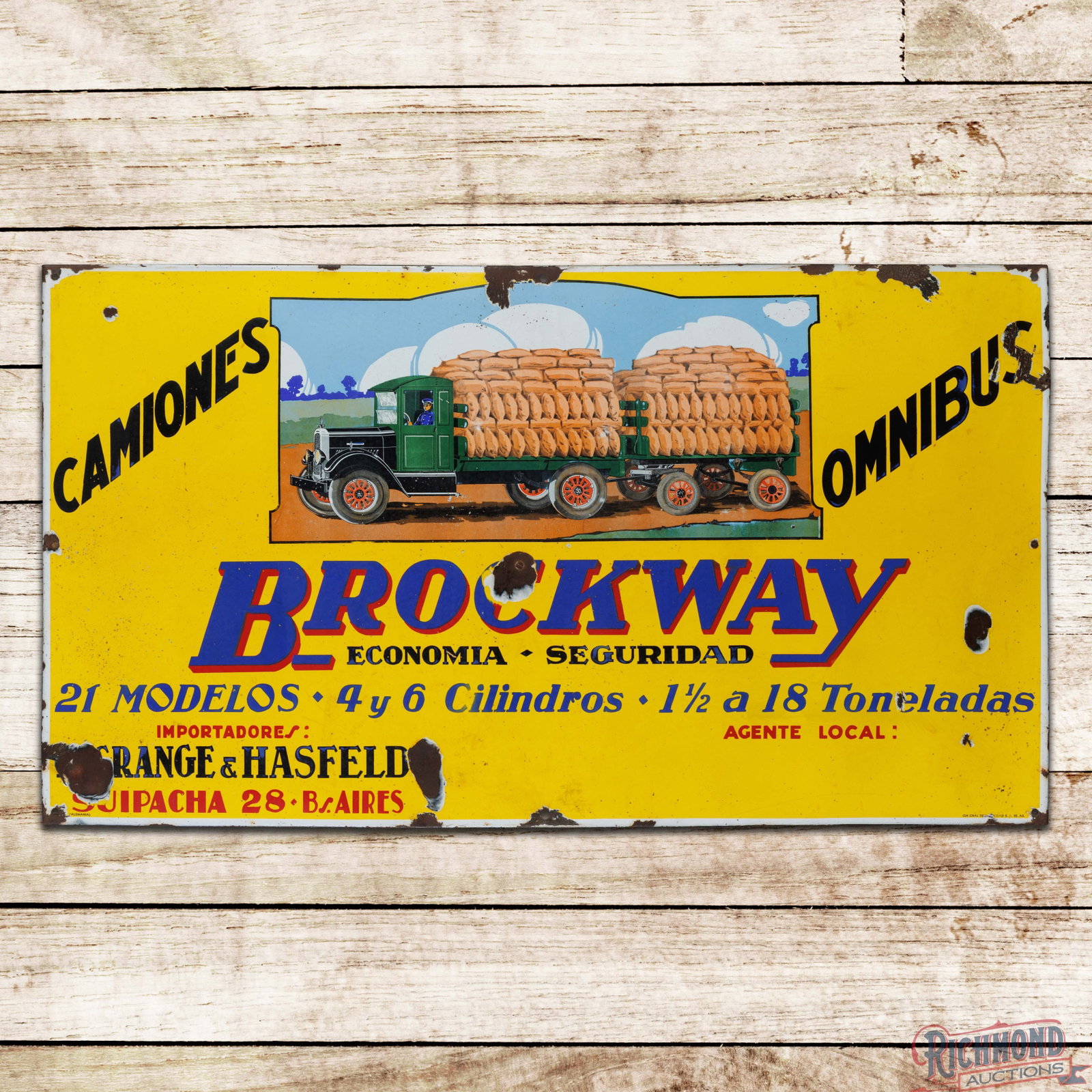Rare Brockway Trucks "For Everyone" 5' Single Sided Porcelain Sign: SSP (single sided porcelain) rolled edge sign has very good color and gloss. The sign features outstanding graphics of a Broadway truck with trailer and driver in the upper field. The display has surf