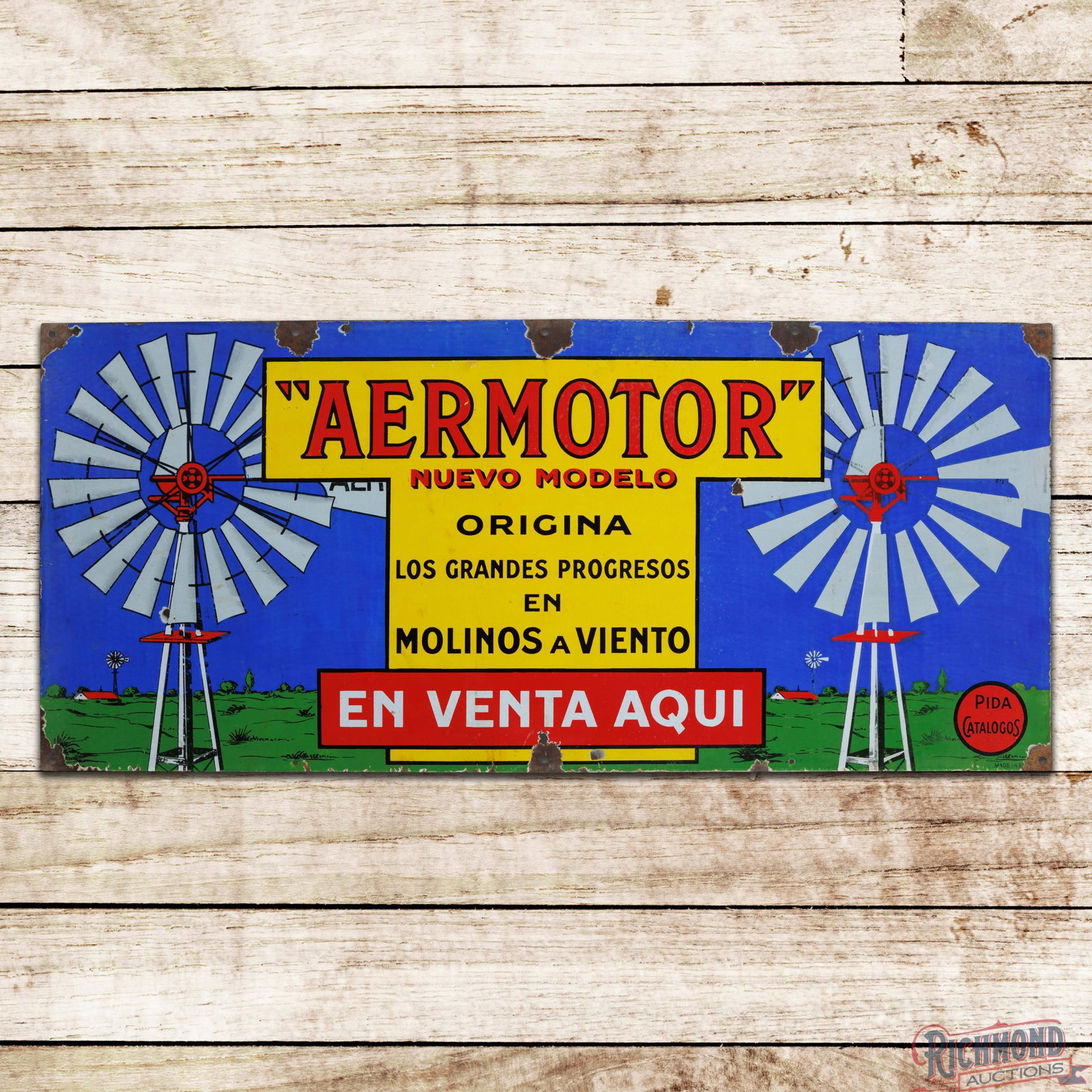 Aermotor Nuevo Modelo En Venta Aqui 5' Single Sided Porcelain Sign w/ Farm Scene & Windmills: SSP (single sided porcelain) sign has good color and gloss. The display has chips with crazing, areas of lower gloss and discoloration. The perimeter has larger chips and crazing along the outer edges
