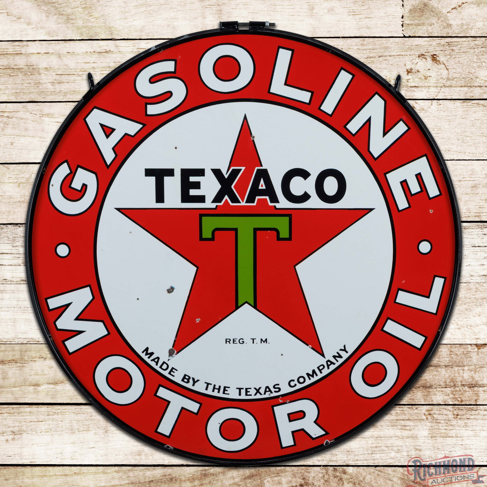 1932 Texaco Gasoline Motor Oil 42" Double Sided Porcelain Sign w/ Ring (1 of 3)