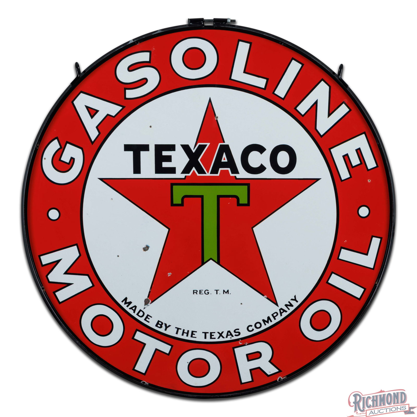 1932 Texaco Gasoline Motor Oil 42" Double Sided Porcelain Sign w/ Ring - 2