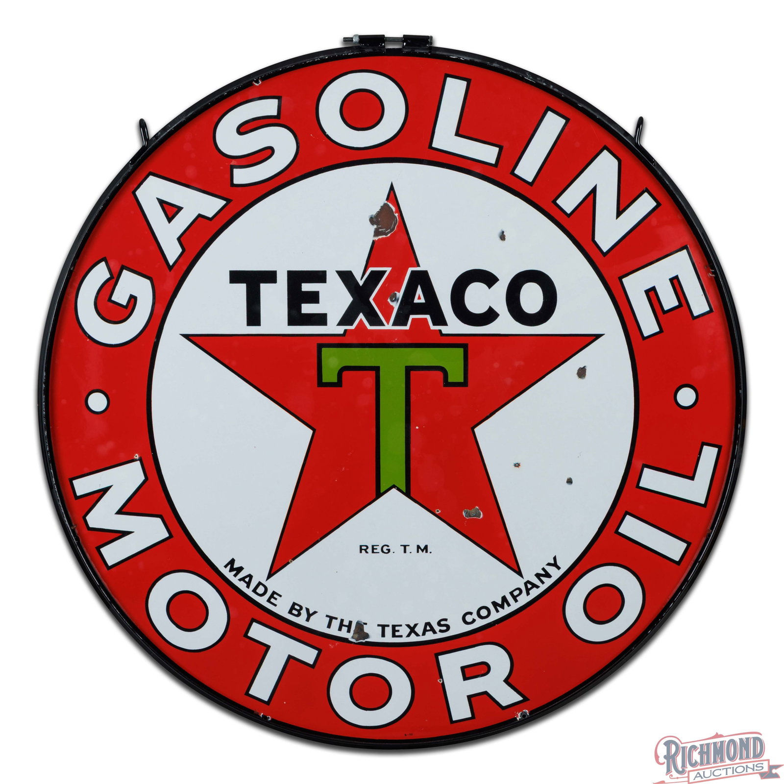 1932 Texaco Gasoline Motor Oil 42" Double Sided Porcelain Sign w/ Ring - 3