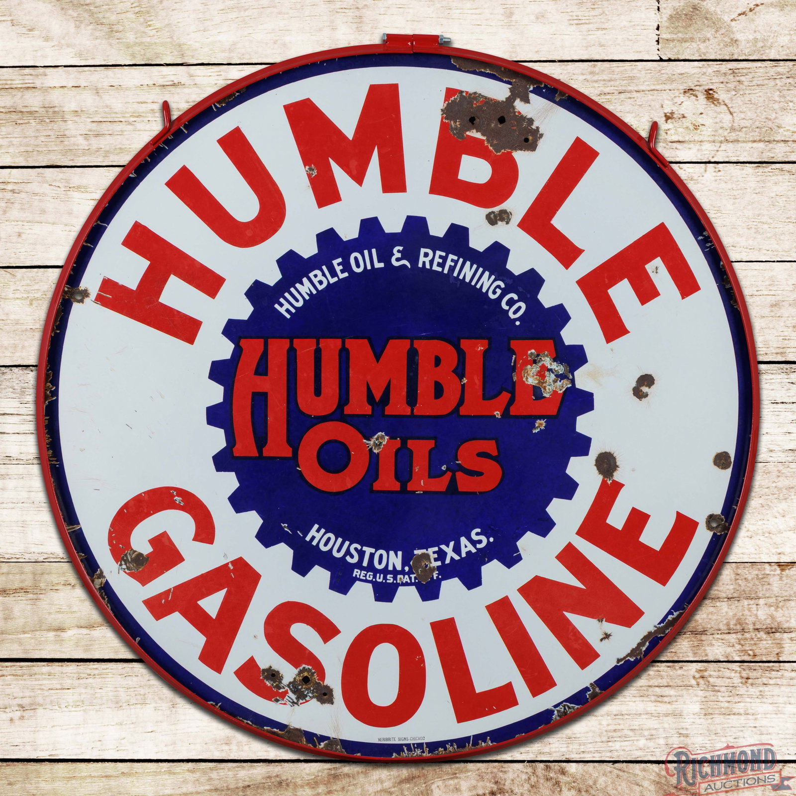 Humble Gasoline Motor Oils Refining Co. 42" Single Sided Porcelain Sign w/ Ring Houston Texas: SSP (single sided porcelain) sign has good color and gloss. The display has chips with surface wear and areas of discoloration. The outer fields and perimeter have non-factory holes with larger chips 