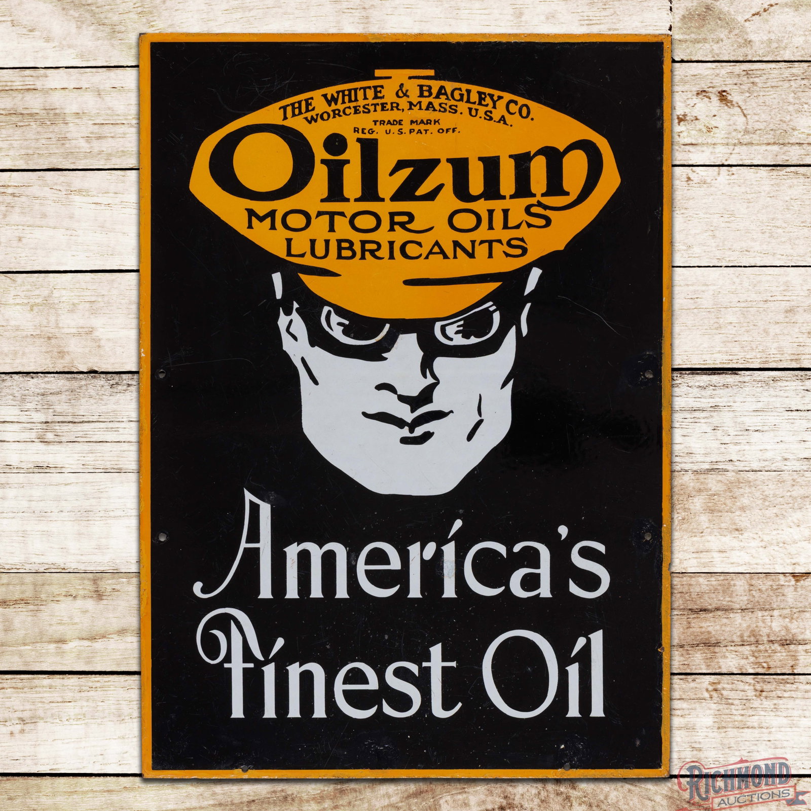 Oilzum Motor Oils & Lubricants "America's Finest Oil" 28" Double Sided Porcelain Sign w/ Oswald: DSP (double sided porcelain) sign has good color and gloss. Side #1 has surface wear with color matched chips in the fields and along the perimeter. The reverse has heavier surface wear with less glos