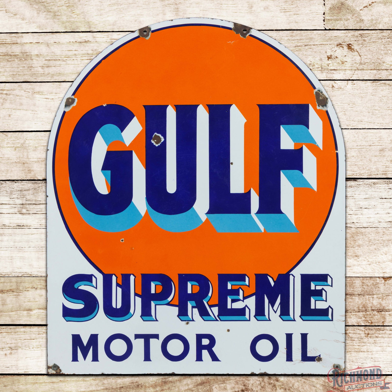 Gulf Supreme Motor Oil 36" Double Sided Porcelain Tombstone Sign: DSP (double sided porcelain) tombstone sign has very good color and gloss. The display has chips with light surface wear. The perimeter has two small non-factory holes on the upper edges with crazing 