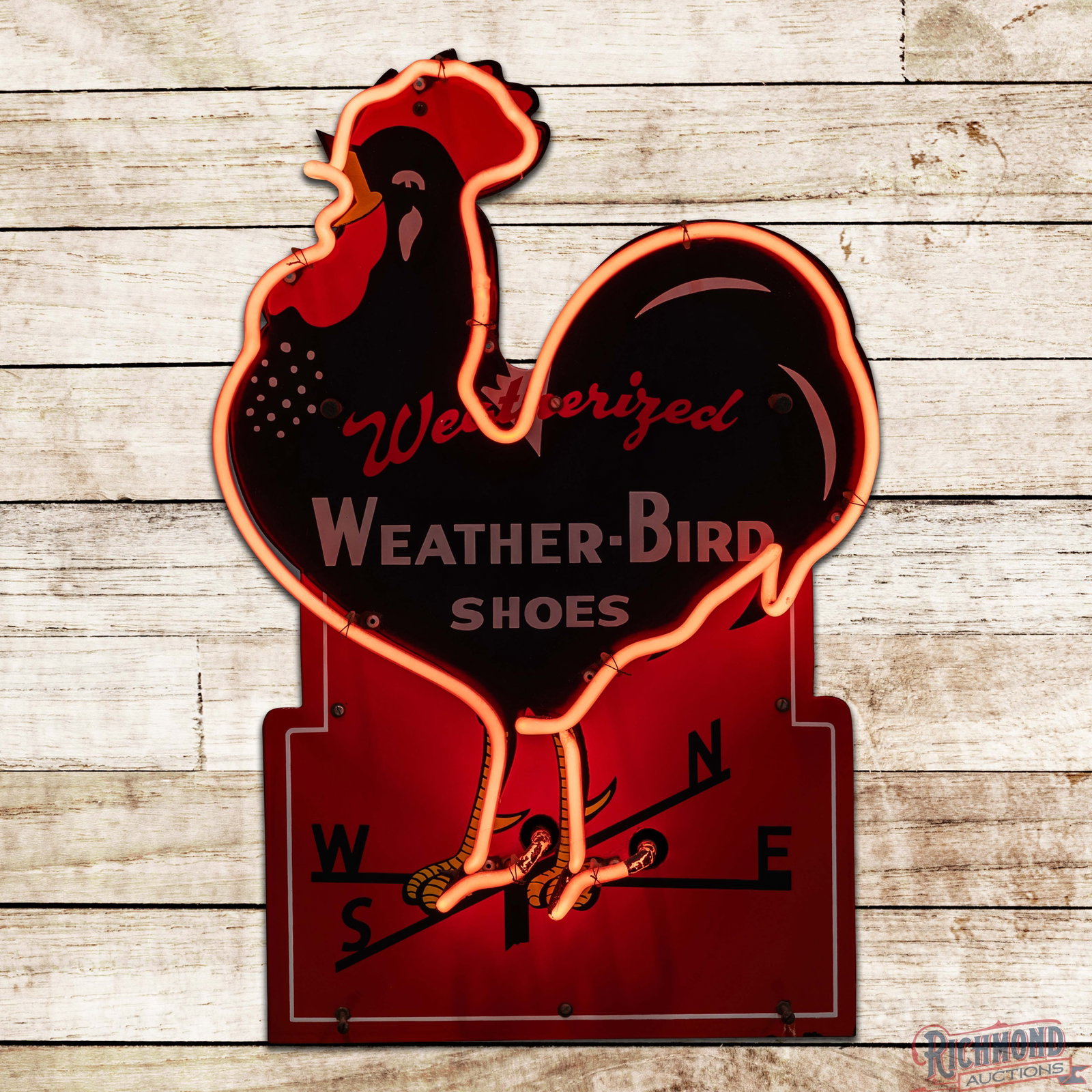 Weatherized Weather Bird Shoes 25" Die Cut Single Sided Porcelain Factory Neon Sign w/ Rooster: Beautiful SSP (single sided porcelain) factory neon sign with the original metal can has day one color and gloss. The sign features a colorful rooster graphic with vibrant neon surround. The field and