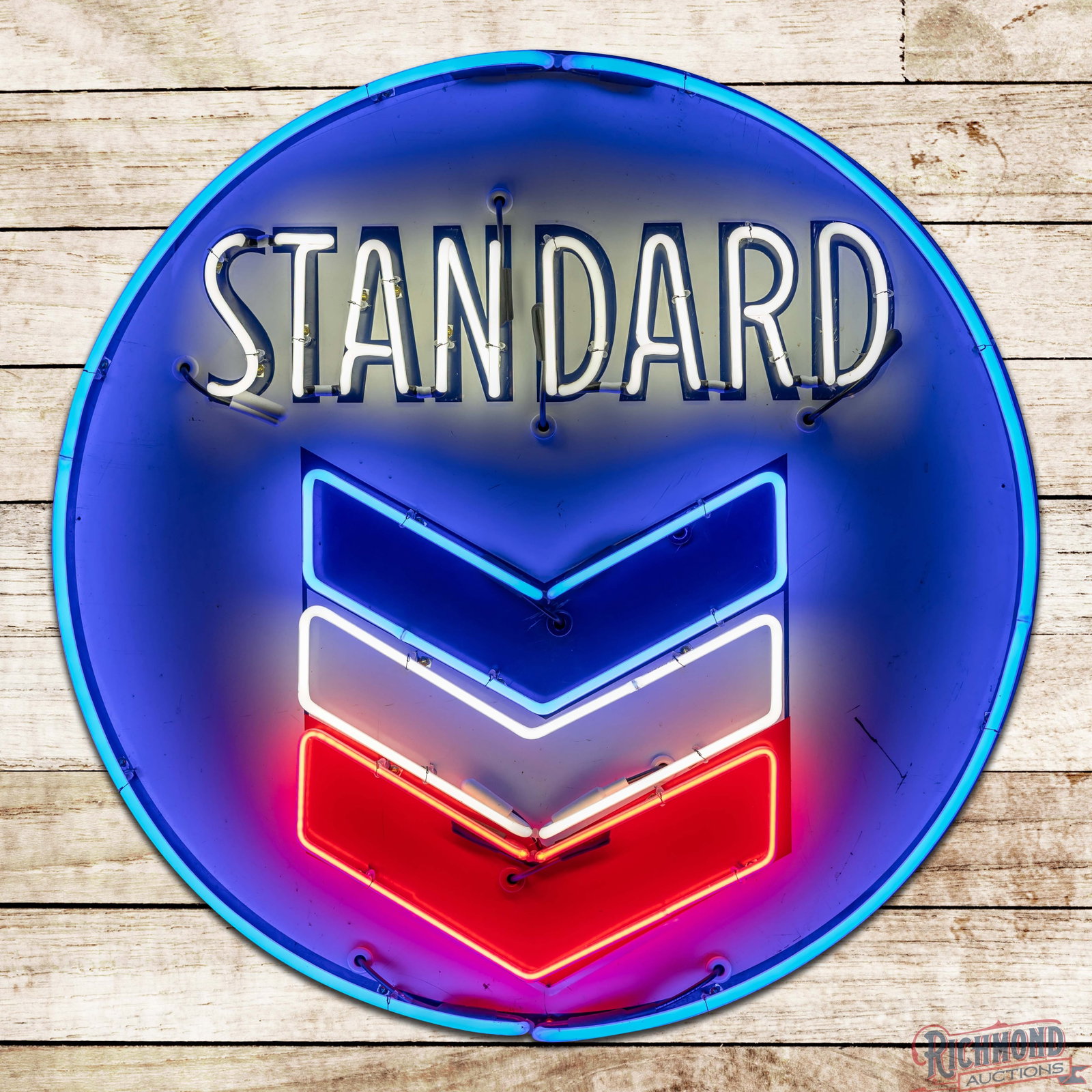 Standard Gasoline Motor Oils 44" Emb. Single Sided Tin Neon Sign w/ Chevron: SST (single sided tin) embossed sign with added neon and a new metal can has very good color and shine. The sign features vibrant three-color neon. The fields have light wear with scratches and small 