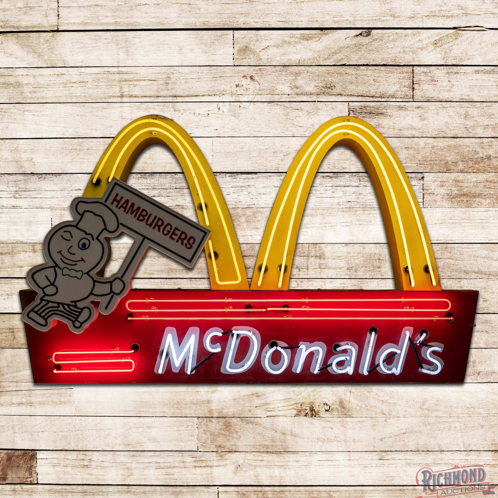 McDonalds Hamburgers 6' Die Cut Single Sided Tin Neon Sign w/ Speedy: SST (single sided tin) multi-piece neon sign with a die cut Speedy attachment has been restored. The sign features three-color neon with classic McDonald's colors. The field has repainted lettering an