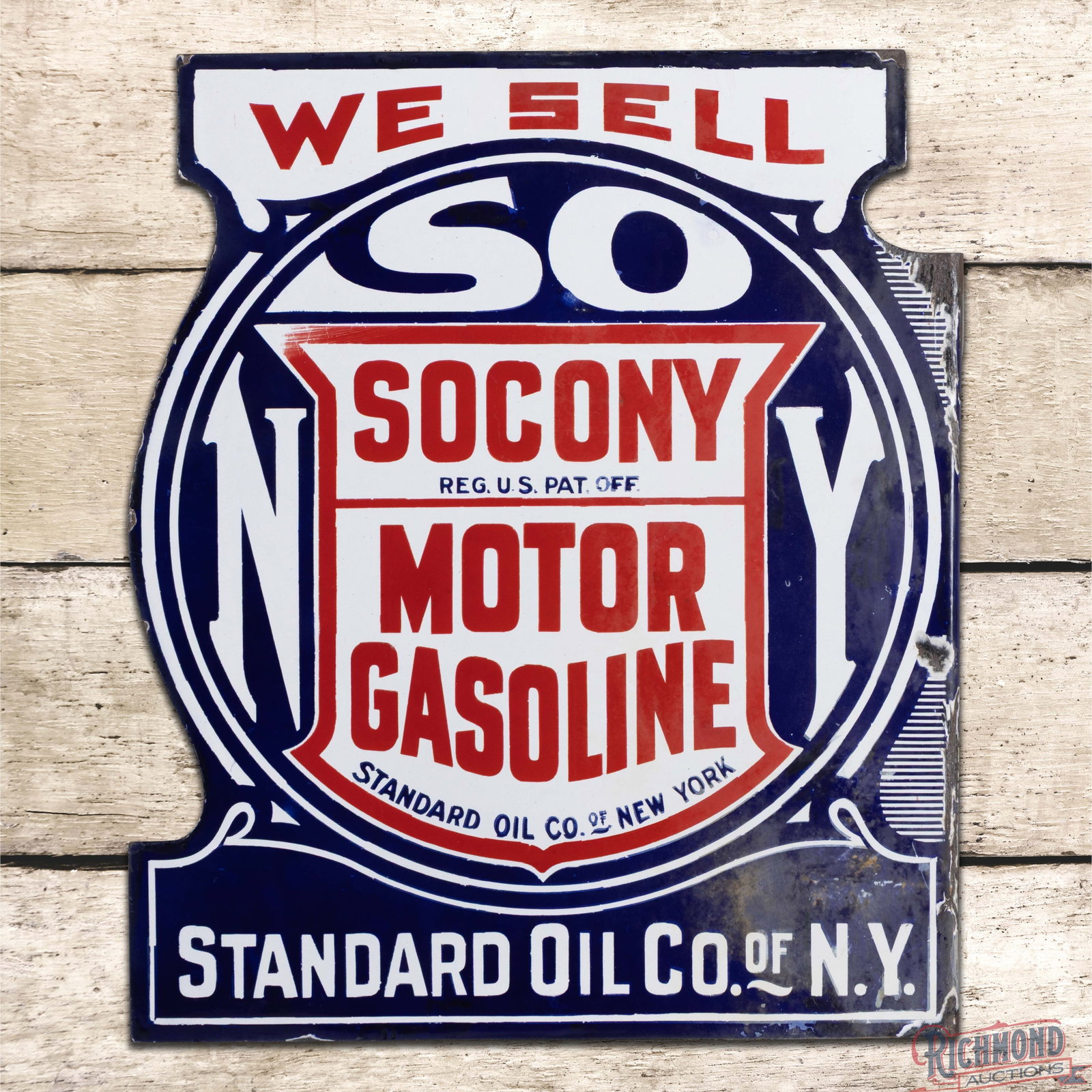 We Sell Socony Motor Gasoline Standard Oil Co. of NY Double Sided Porcelain Flange Sign (1 of 4)
