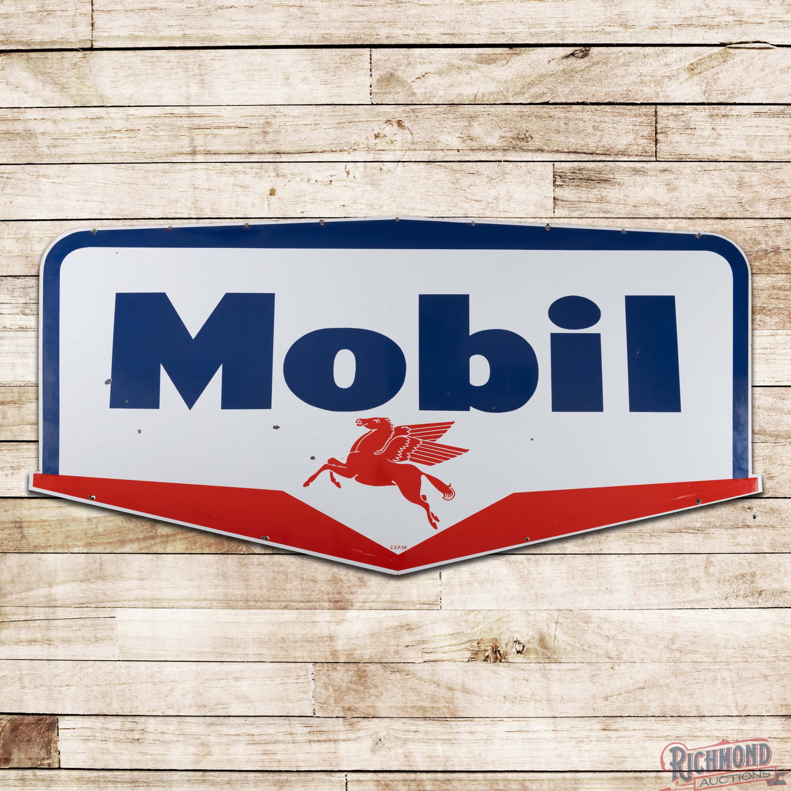 1958 Mobil Gasoline 8.5' Double Sided Porcelain Guillotine ID Sign w/ Pegasus: DSP (double sided porcelain) die cut sign has excellent color and gloss. Side #1 has light wear with small chips in the fields. The perimeter has surface rubs with small chips and two minor non-factor