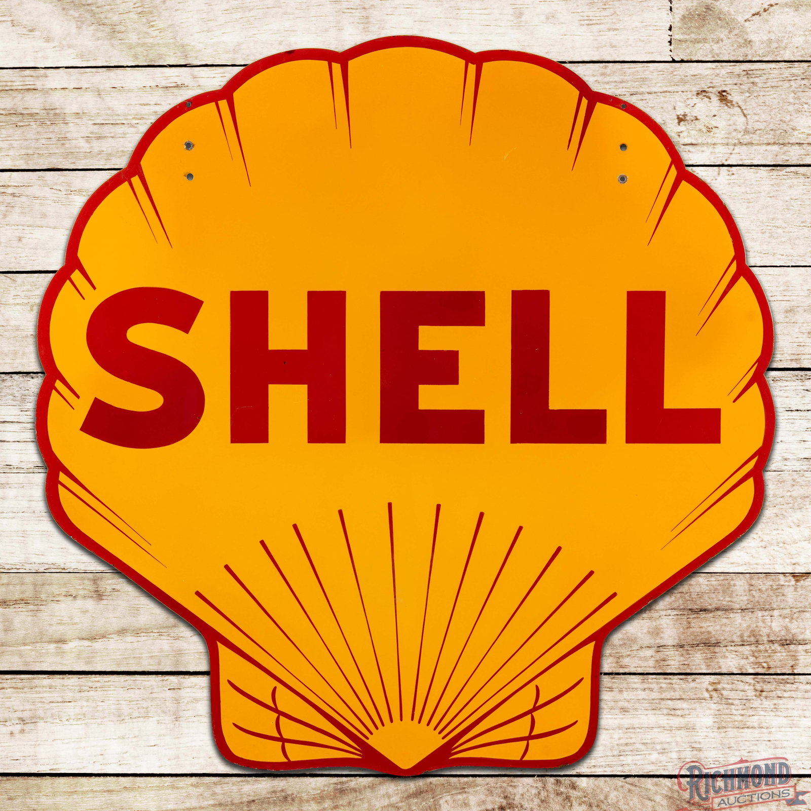 Shell Gasoline 48" Double Sided Porcelain Die Cut Sign: DSP (double sided porcelain) sign has been professionally restored. The sign features outstanding color and gloss. The display is very clean overall with light wear in the right field. The reverse has