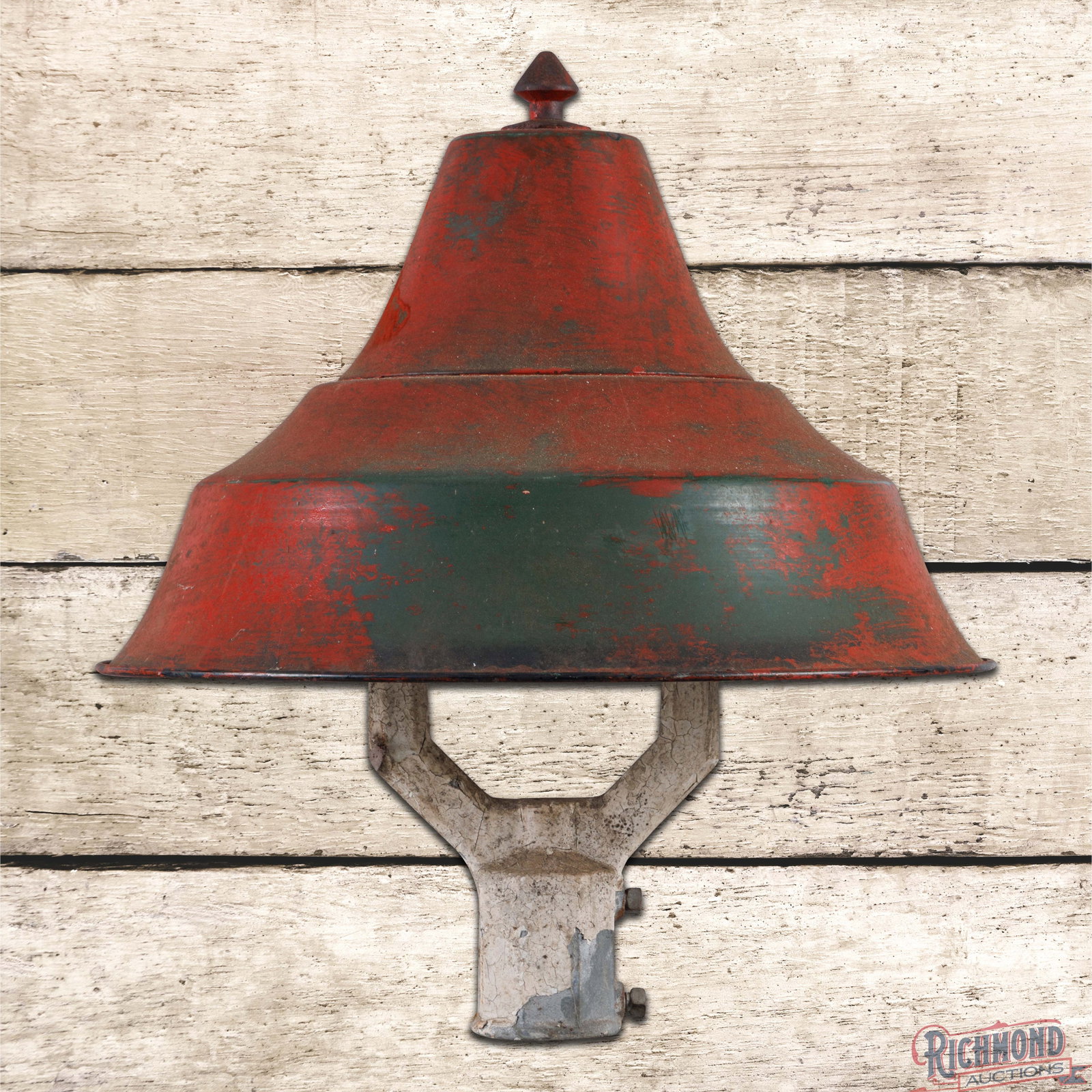 Green Porcelain 20" Service Station Island Pump Light: Green porcelain enamel light shade with pole mount bracket has been repainted in red. The paint has areas of loss and wear. The condition of the porcelain under the painted areas is unknown. The brack