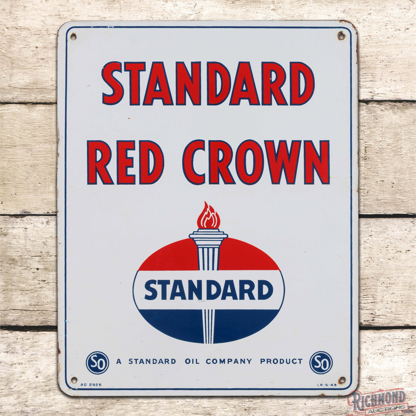 Standard Red Crown Gasoline Single Sided Porcelain Pump Plate Sign w/ Logo: SSP (single sided porcelain) pump plate has excellent color and gloss. The field has light wear and the perimeter has small chips and errant paint along the edges. Marked AD 2926 I.R - 5 -49. 15" H x 