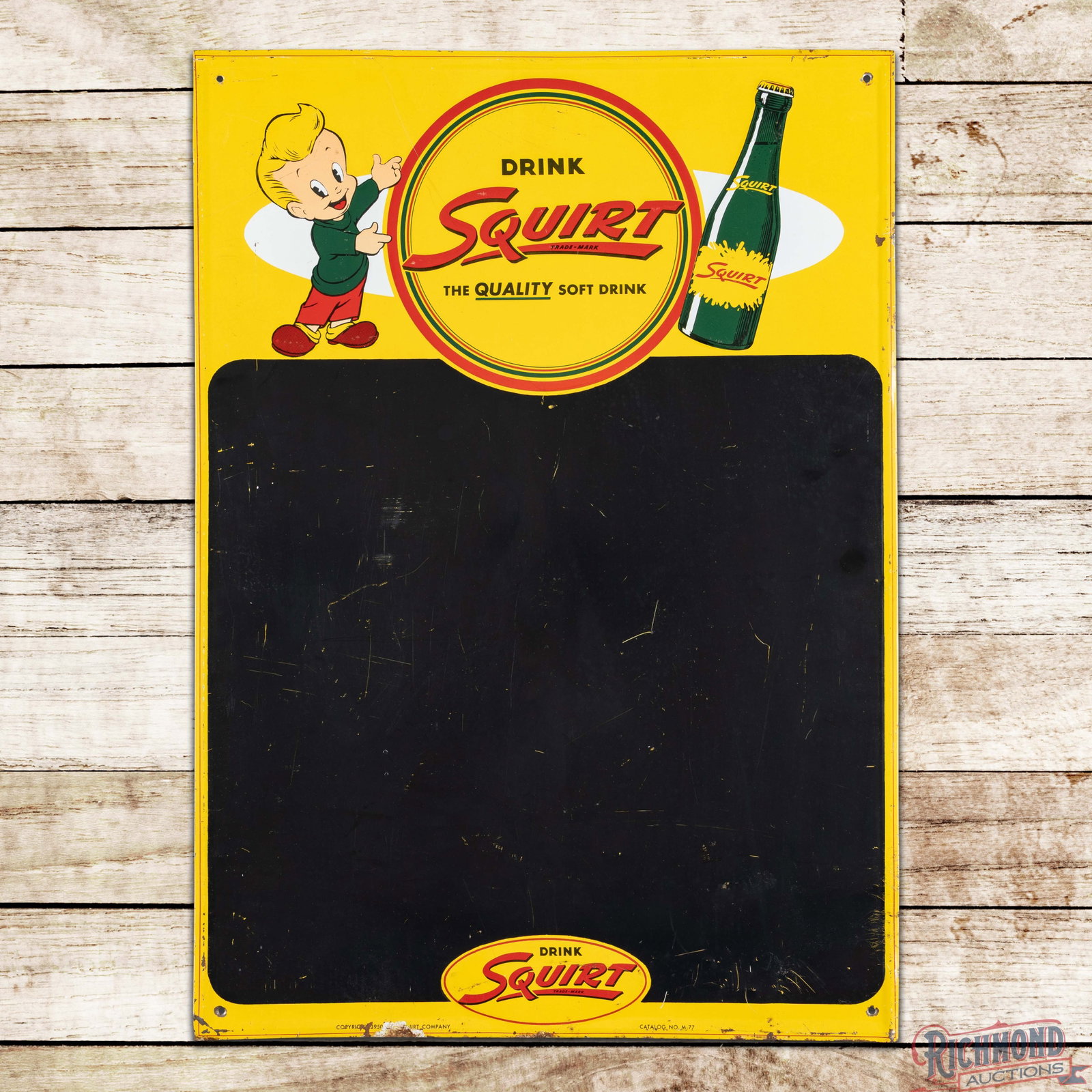 Drink Squirt Single Sided Tin Menu Board Sign w/ Boy & Bottle: SST (single sided tin) crimped edge sign has very good color and shine. The display has light bends with fine scratches. The perimeter has edge bends with paint chips and oxidation along the lower edg