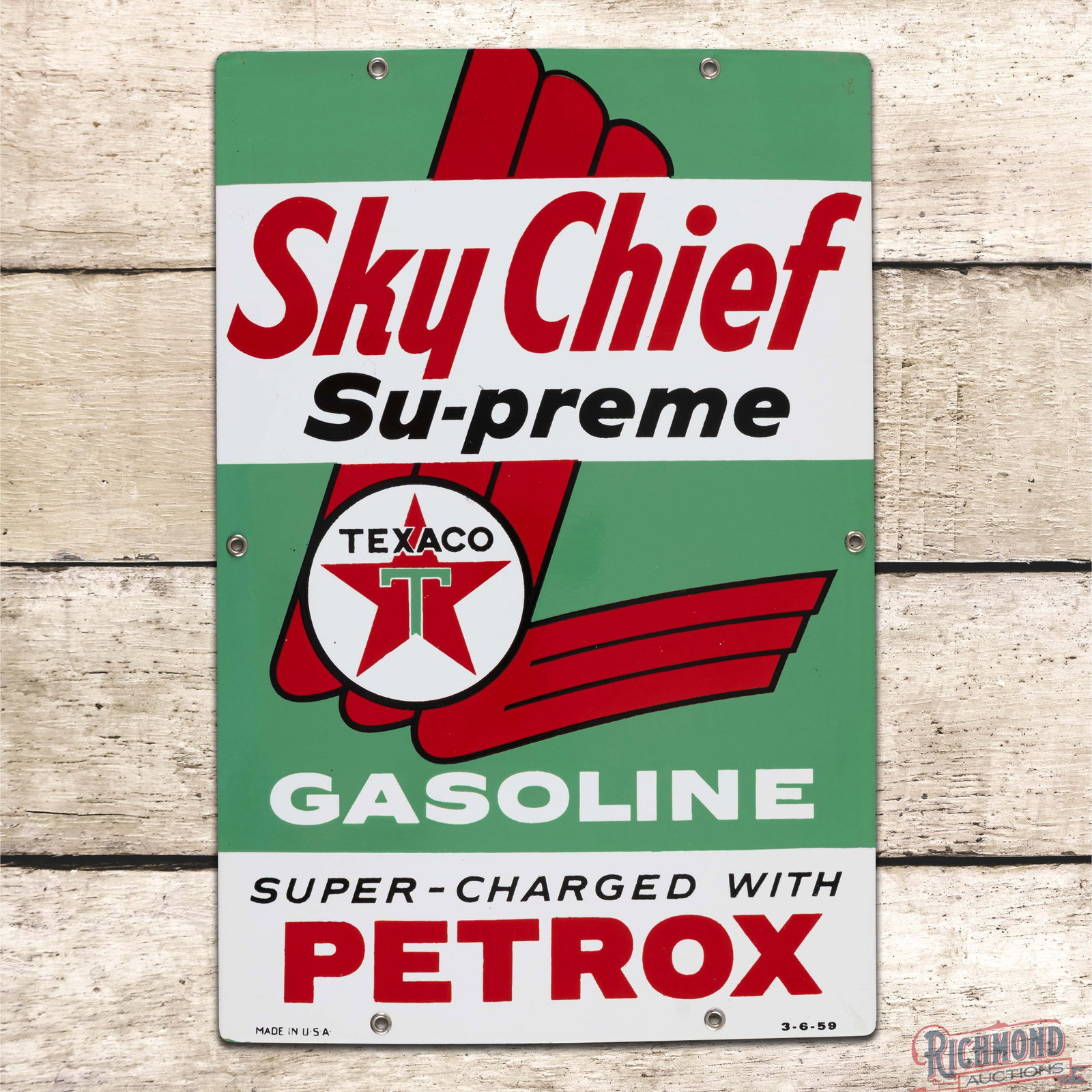 Texaco Sky Chief Gasoline w/ Petrox Single Sided Porcelain Pump Plate Sign: NOS (new old stock) Texaco Sky Chief Su-preme SSP (single sided porcelain) pump plate. It has incredible color and gloss. It is extremely clean, showing very minor flaws. Overall it displays extremely