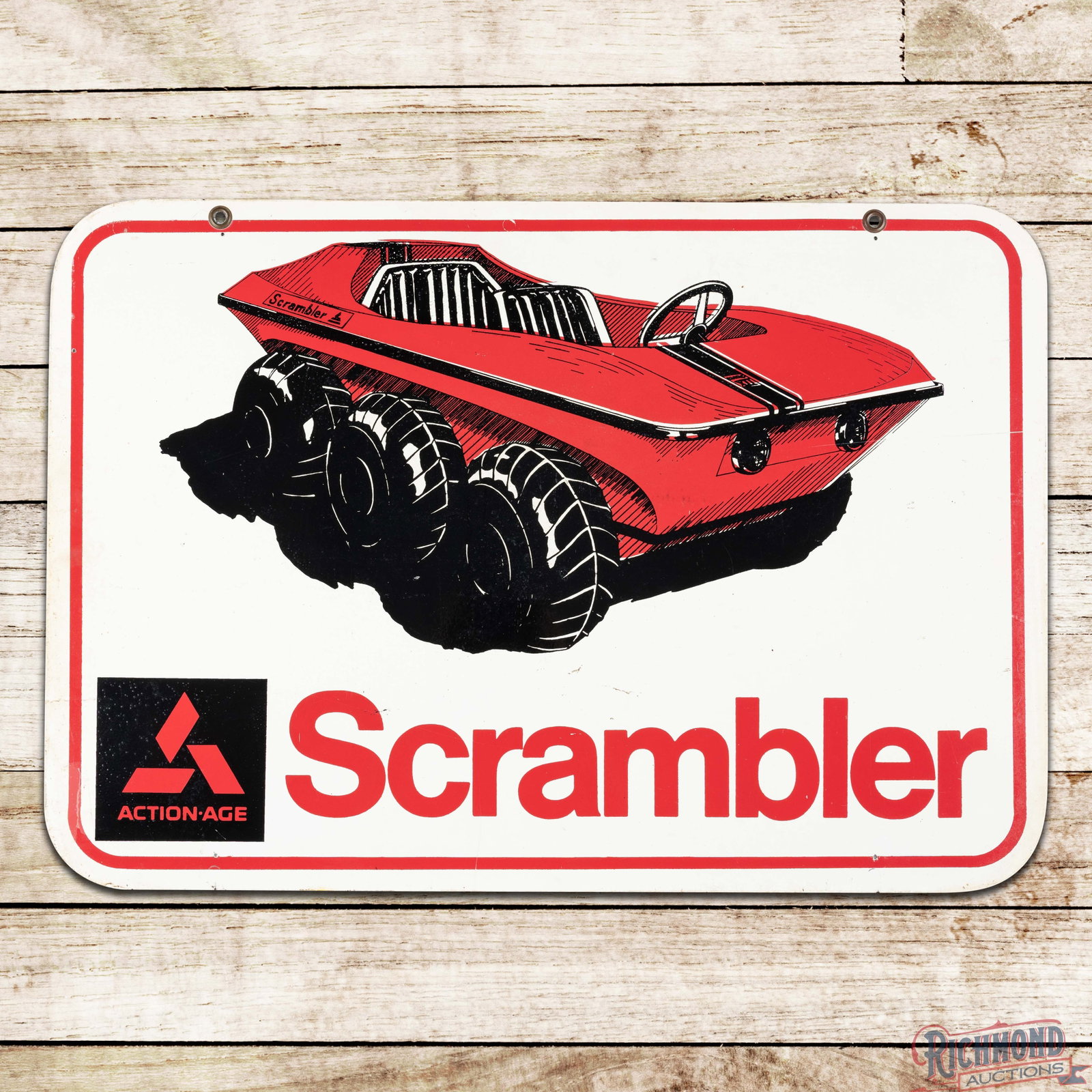 Rare Action-Age Scrambler Double Sided Tin Sign w/ Amphibious ATV: DST (double sided tin) sign has very good color and shine. The display has light wear with scuffs and fine scratches. The perimeter has areas of discoloration and paper residue. The reverse has simila