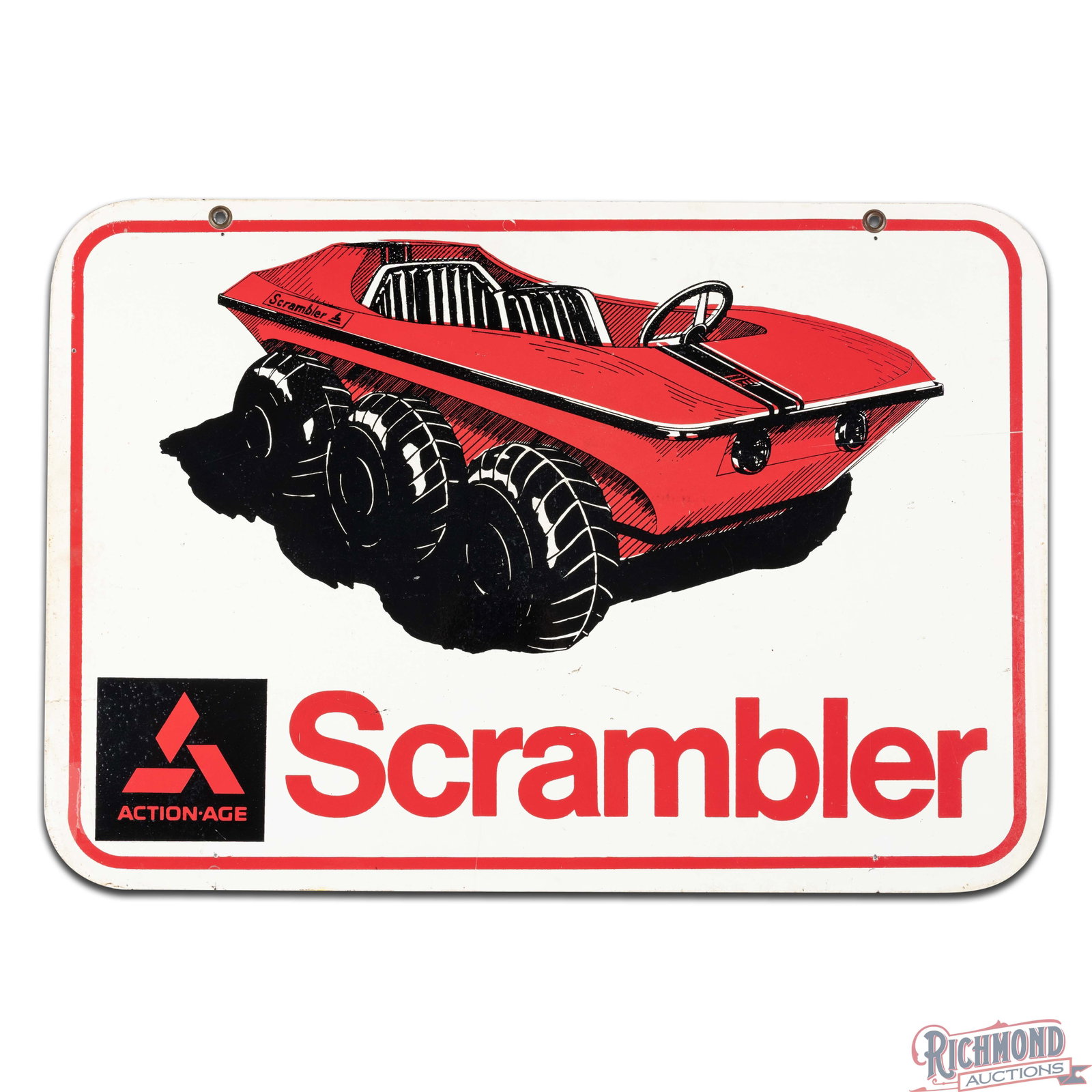 Rare Action-Age Scrambler Double Sided Tin Sign w/ Amphibious ATV - 2