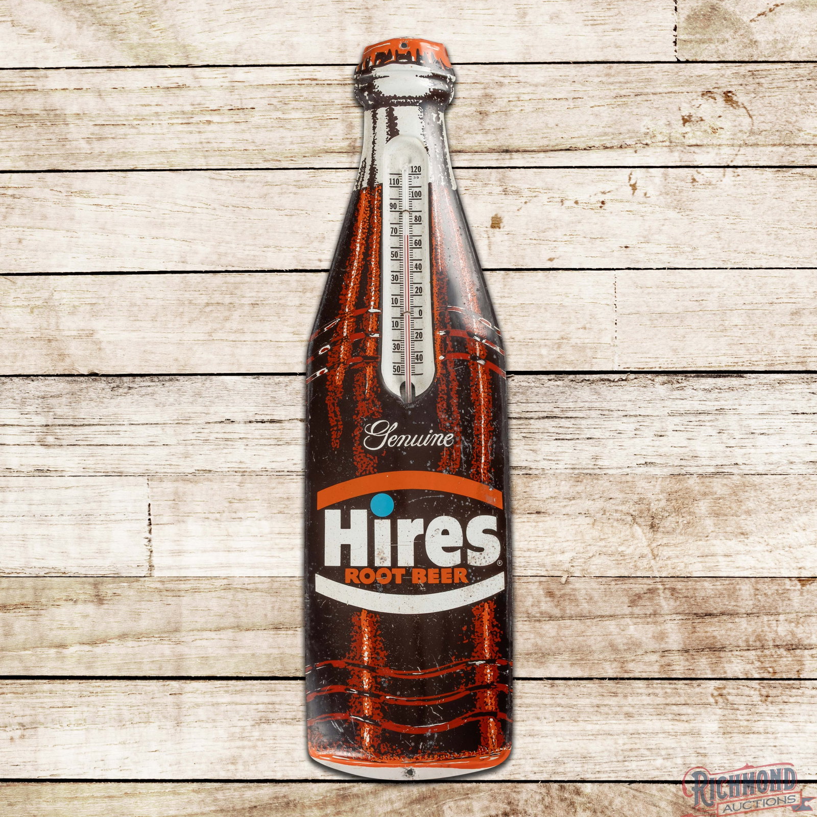 Genuine Hires Root Beer Single Sided Tin Die Cut Bottle Advertising Thermometer: SST (single sided tin) convex die cut thermometer has good color and shine. The tube is intact and works correctly. The field and perimeter have general wear with fine scratches and areas of oxidation
