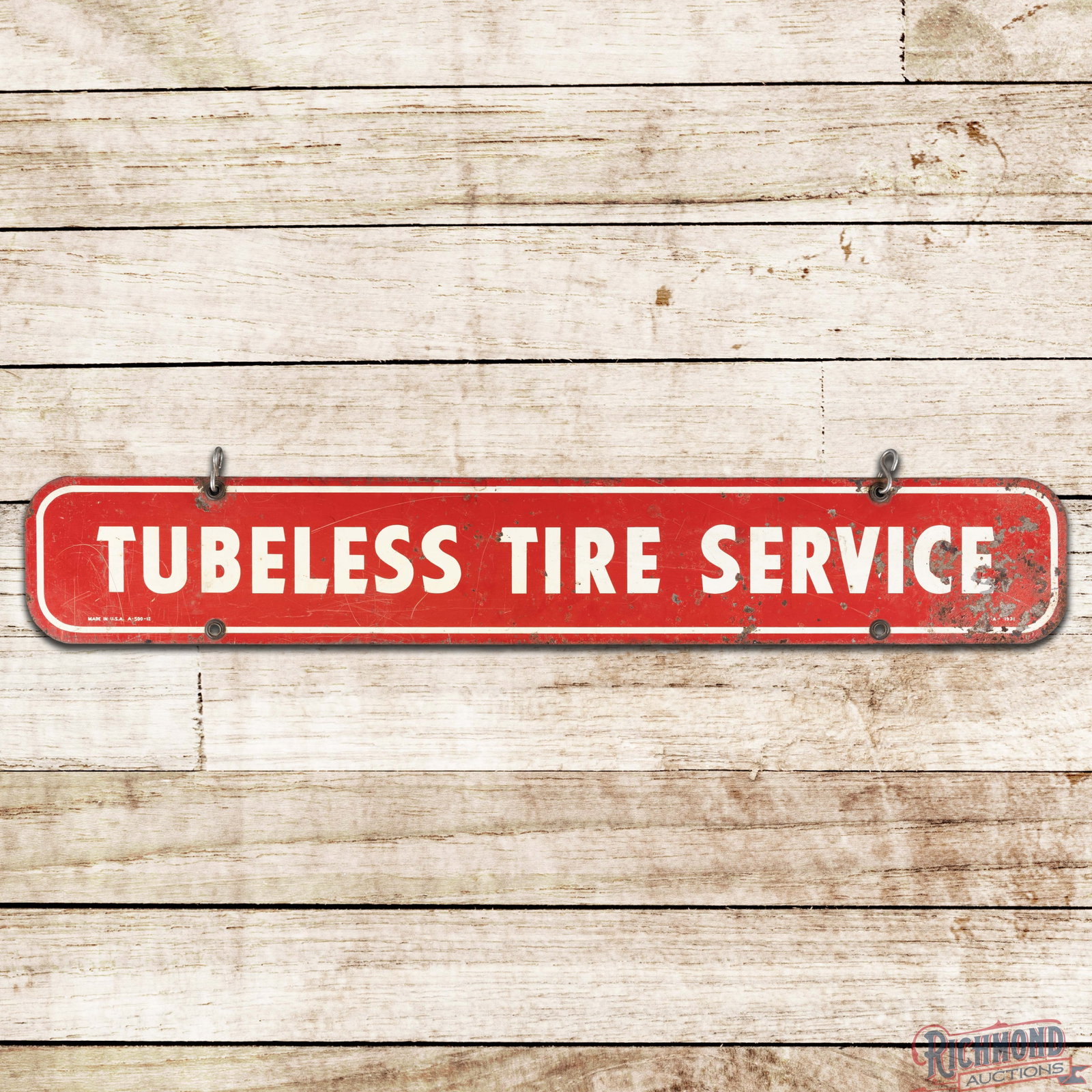 Firestone Tubeless Tire Service Double Sided Tin Sign: DST (double sided tin) sign has moderate color and shine. The display has fading with areas of discoloration. The perimeter has oxidation with paint chips. The reverse has additional wear in the field