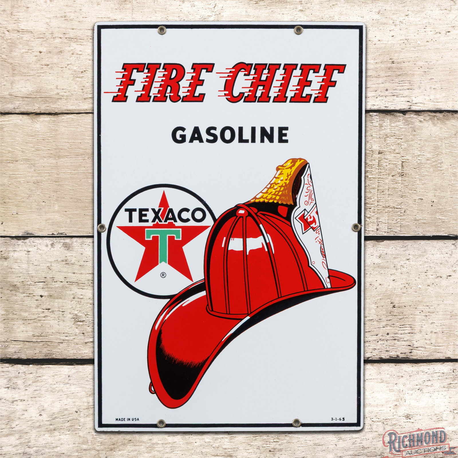 1963 Texaco Fire Chief Gasoline Single Sided Porcelain Pump Plate Sign: SSP (single sided porcelain) pump plate sign has excellent color and gloss. The fields are clean. The perimeter has a tiny chip at the center mounting hole on the right hand side and faint crazing on 