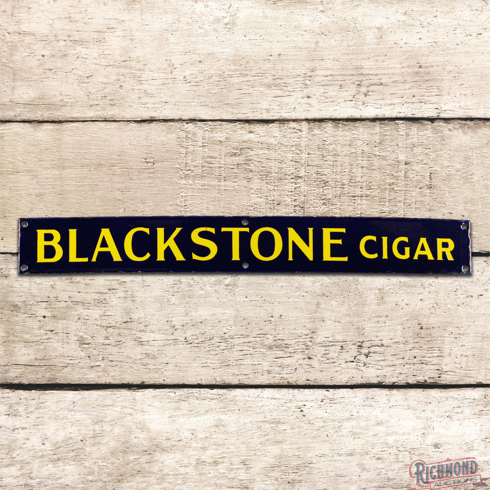Blackstone Cigar 24" Single Sided Porcelain Sign: SSP (single sided porcelain) sign has excellent color and gloss. The fields have light surface wear with fine scratches. The perimeter has edge wear with tiny chips along the outer edges. Overall a se