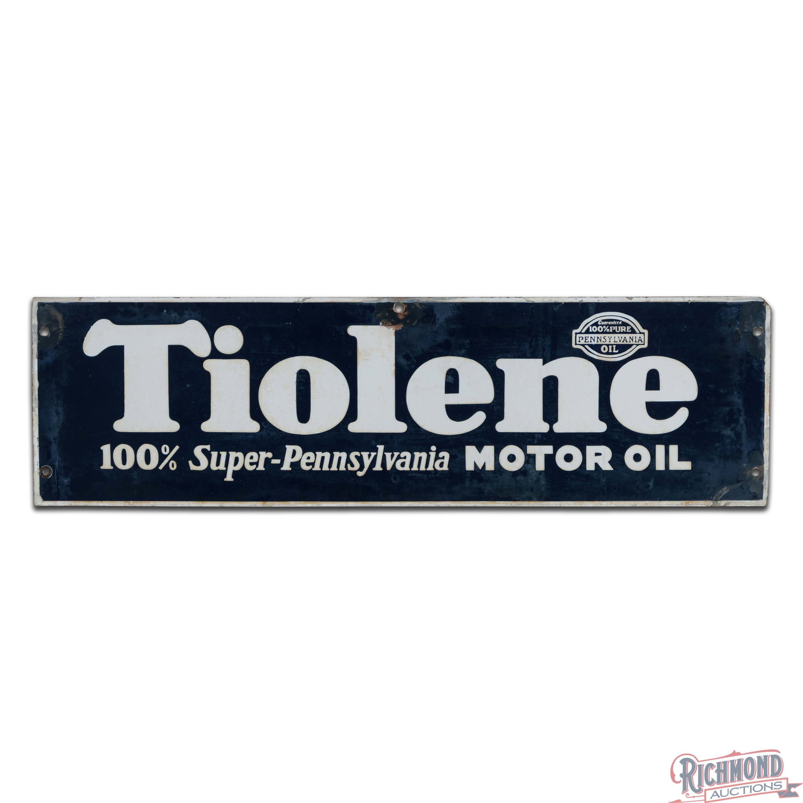 Pure Tiolene 100% Super-Pennsylvania Motor Oil Single Sided Porcelain Logo Sign - 2