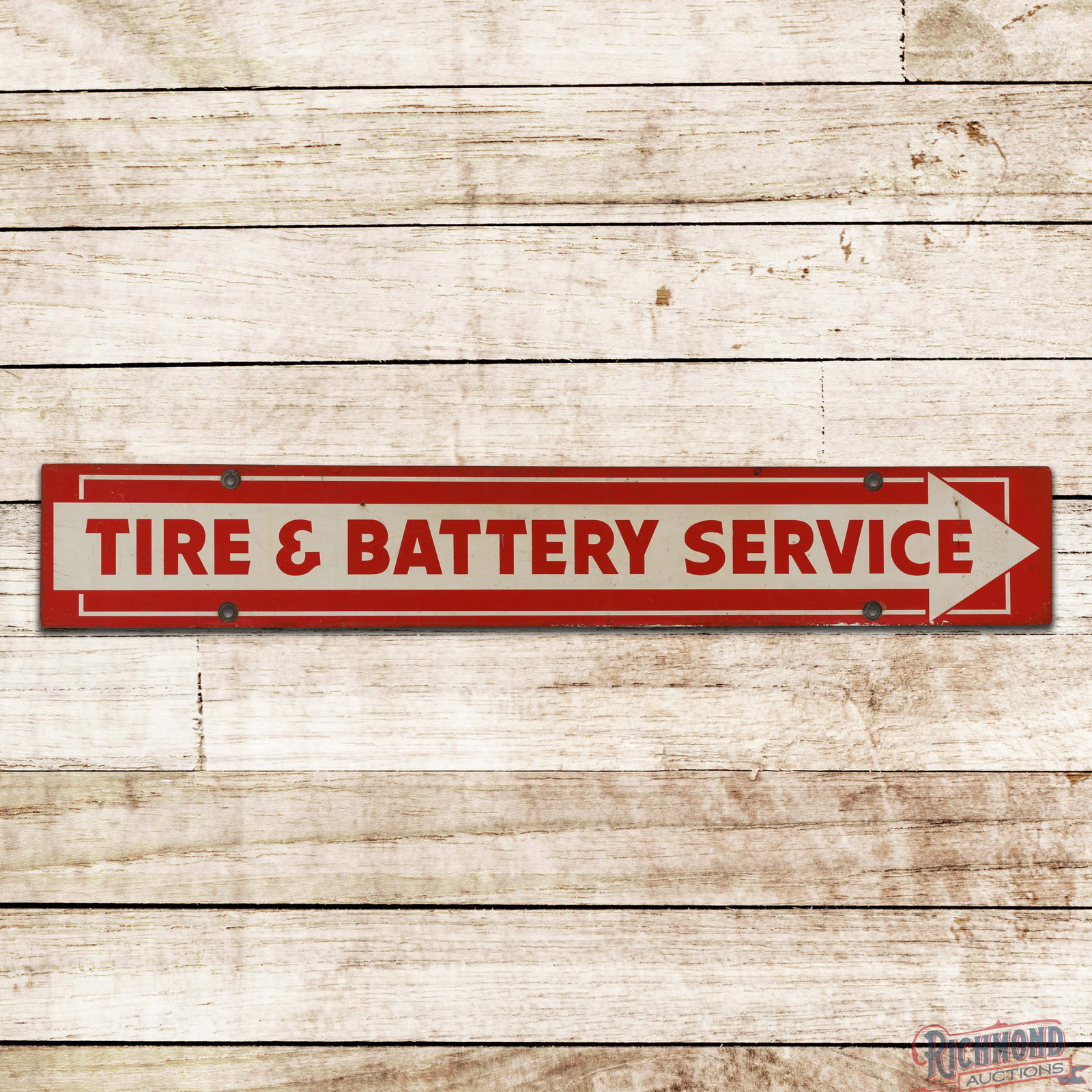 Firestone Tire & Battery Service Double Sided Tin Sign: DST (double sided tin) sign has good color and shine. Side #1 has surface wear with paint chips, toning and fine scratches. The perimeter has errant paint with color match. The reverse has heavier wea