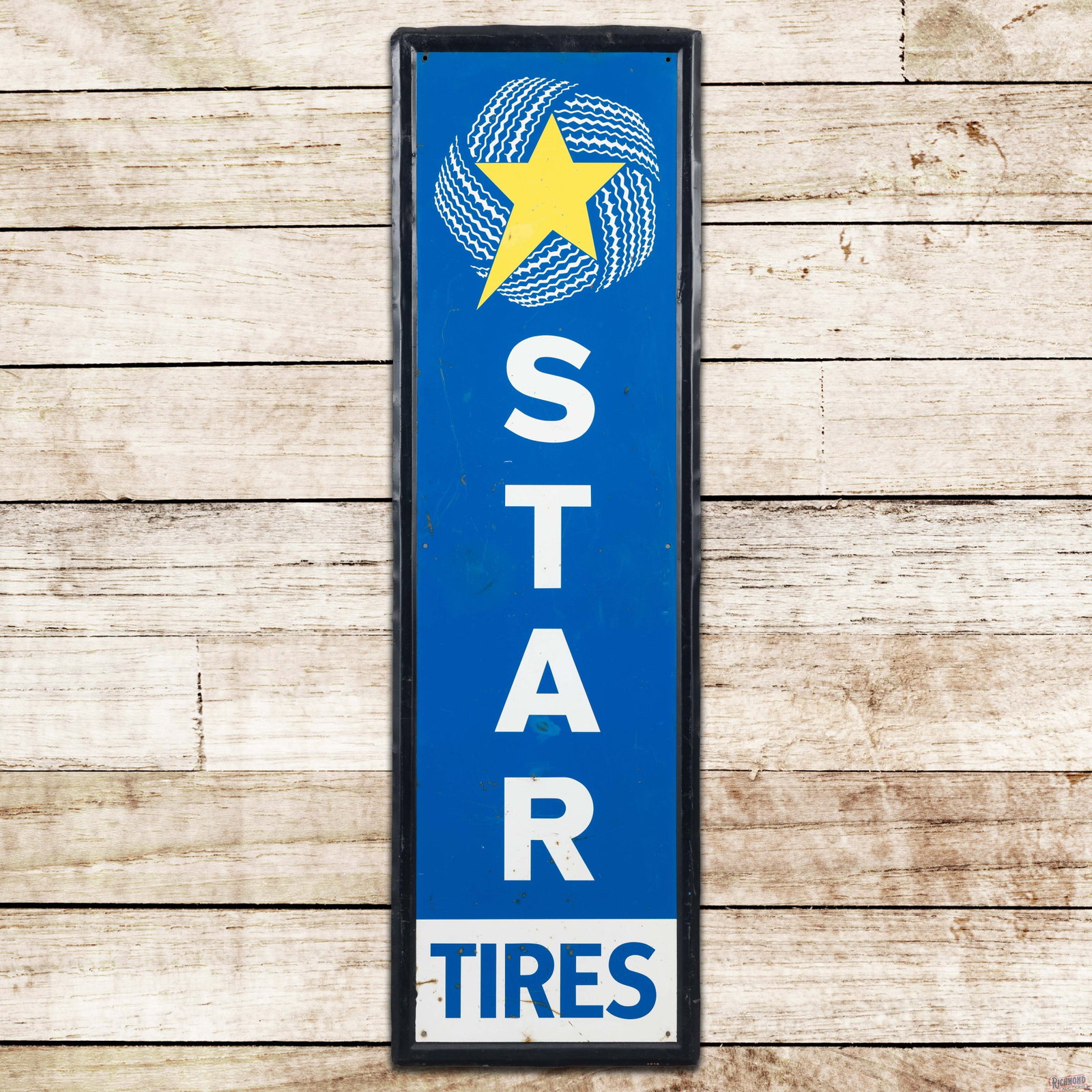 Star Tires 5' Emb. Single Sided Tin Sign w/ Logo: SST (single sided tin) self-framed sign has good color and shine. The display has fine scratches with small dings, paint chips and minor oxidation. The self-framed edges have been repainted and exhibi