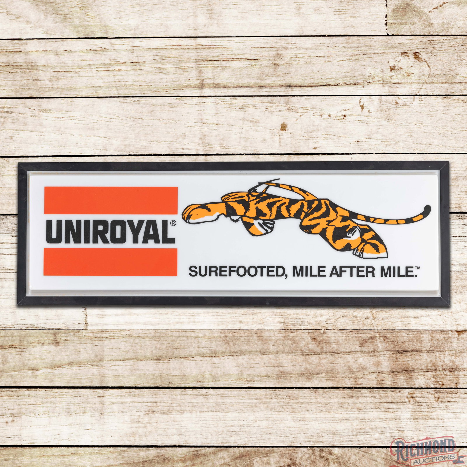 Uniroyal Tires Surefooted 36" Lighted Plastic Advertising Sign w/ Tiger: Lighted plastic sign with a metal can works properly. The sign has excellent color with minor surface imperfections. The metal can is in very good condition. Overall a clean example with outstanding g