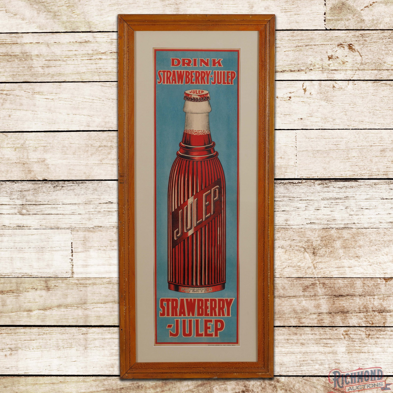 Drink Strawberry Julep 4' Frame SS Advertising Sign: Single sided paper sign has been framed under glass. The sign has excellent color with minor toning along the edges. The mat and frame are in excellent condition. Marked Stafford-Lowdon Co., Fort Wort