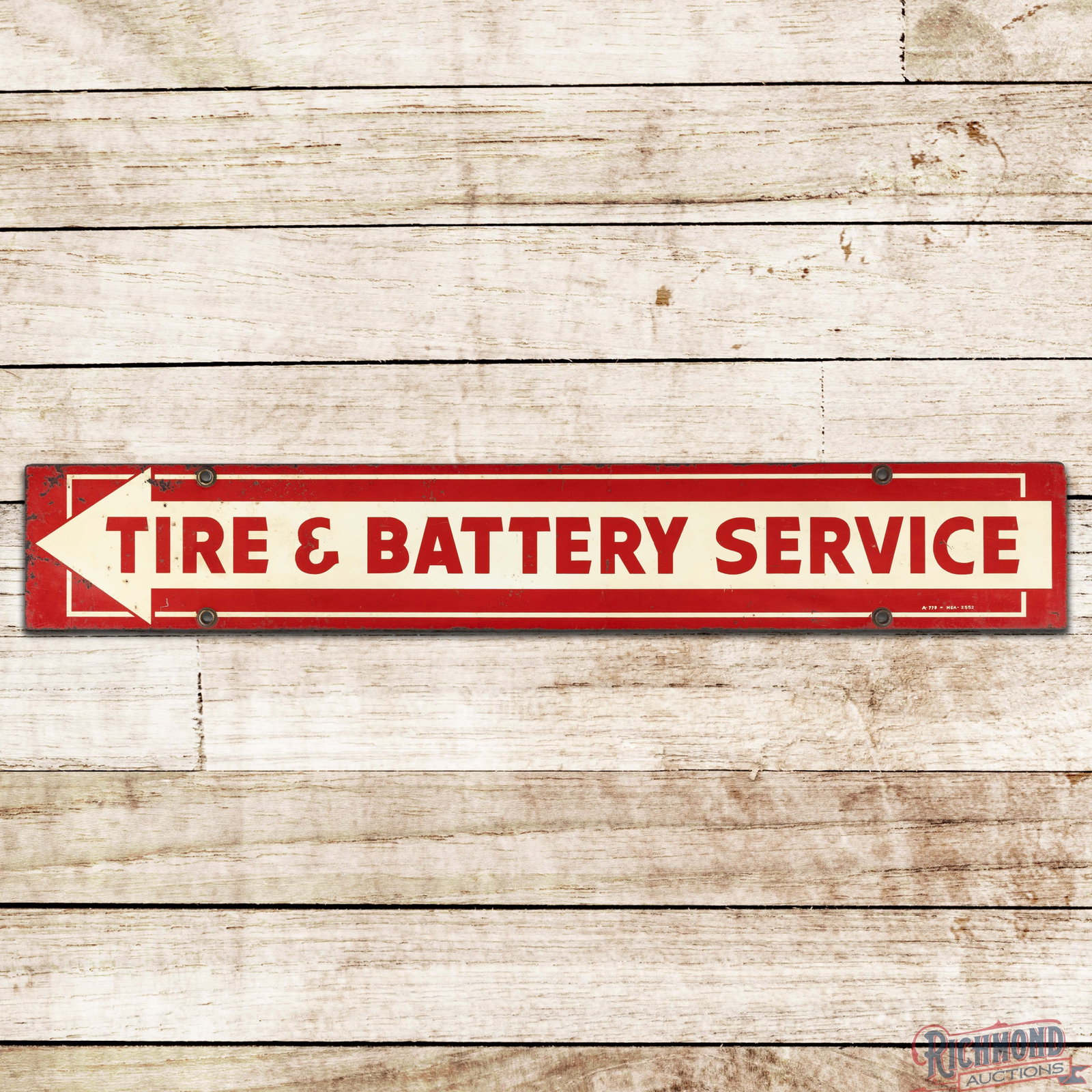 Firestone Tire & Battery Service Double Sided Tin Sign w/ Arrow: DST (double sided tin) sign has good color and shine. The display has toning with paint chips and surface wear. The perimeter has minor oxidation and paint chips along the edges. The reverse has addit