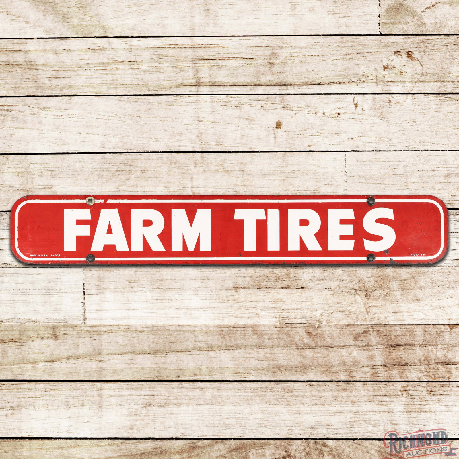 Firestone Farm Tires Double Sided Tin Sign: DST (double sided tin) sign has good color and moderate shine. The display has slight wash with areas of surface wear in the fields. The perimeter has errant paint with oxidation, paint chips and a fa