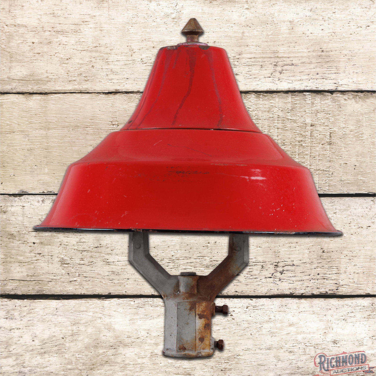 Red Porcelain 20" Service Station Island Pump Light: Red porcelain enamel light shade with pole mount bracket has good color. The shade has light wear throughout with small chips and areas of discoloration. The white porcelain enamel has larger chips ne