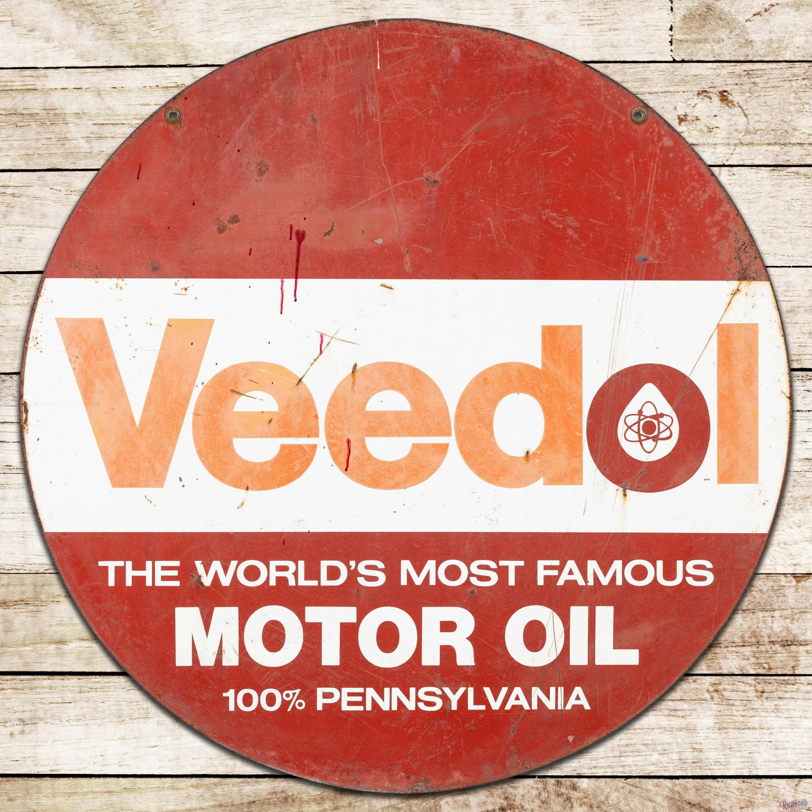 Veedol The World's Most Famous Motor Oil 30" Double Sided Tin Sign: DST (double sided tin) sign has good color and moderate shine. The display exhibits general wear throughout with scratches, oxidation, small dings and sticker residue in the center field. The reverse 