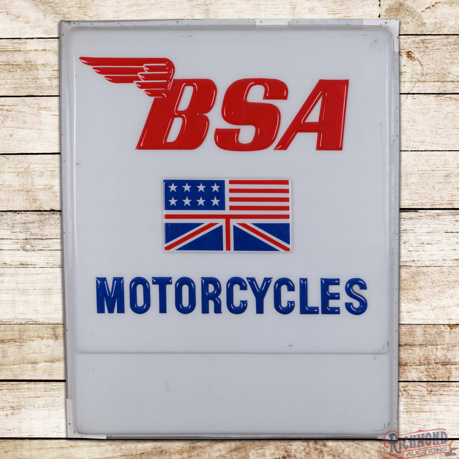 BSA Motorcycles 5' SS Emb.Plastic Sign Panel w/ Logo: Single sided embossed convex plastic sign panel has very good color. The display has light surface wear with scuffs, marks and discoloration to the perimeter. The outer edges have small breaks and min