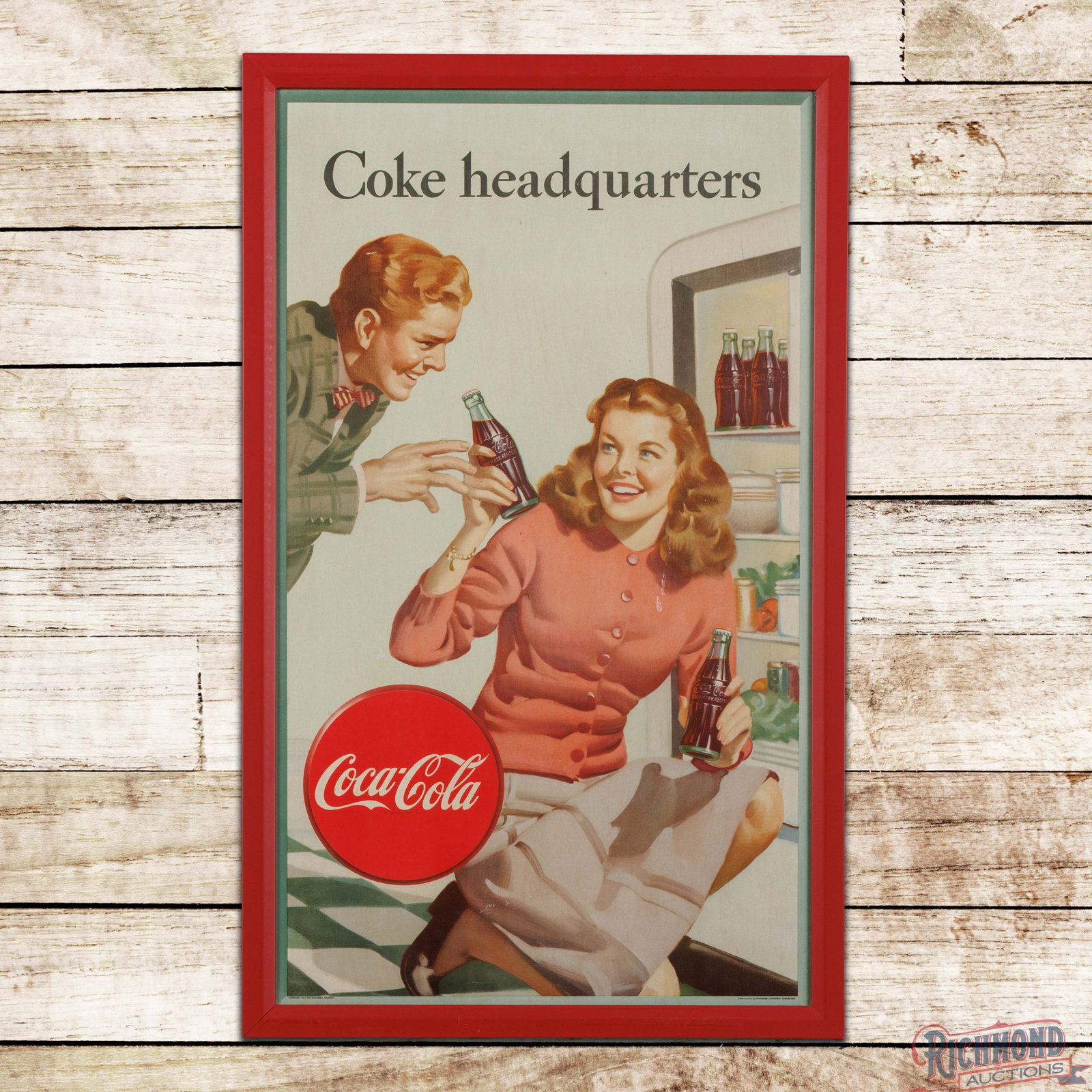 1947 Coca Cola "Coke Headquarters" Framed SS Cardboard Advertising Sign w/ Kitchen Scene: Single sided cardboard sign has been framed under glass. The sign has light wear with an indentation with scuff in the lady's shirt. The outer fields have slight toning and the perimeter has minor wea
