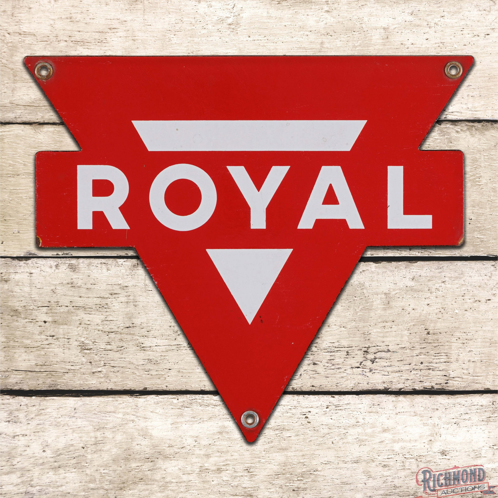 Conoco Royal Gasoline Die Cut Single Sided Porcelain Pump Plate Sign: SSP (single sided porcelain) die cut pump plate has very good color and gloss. The display has light wear with faint cloudiness in the outer fields. The perimeter has a few tiny edge chips and all thr