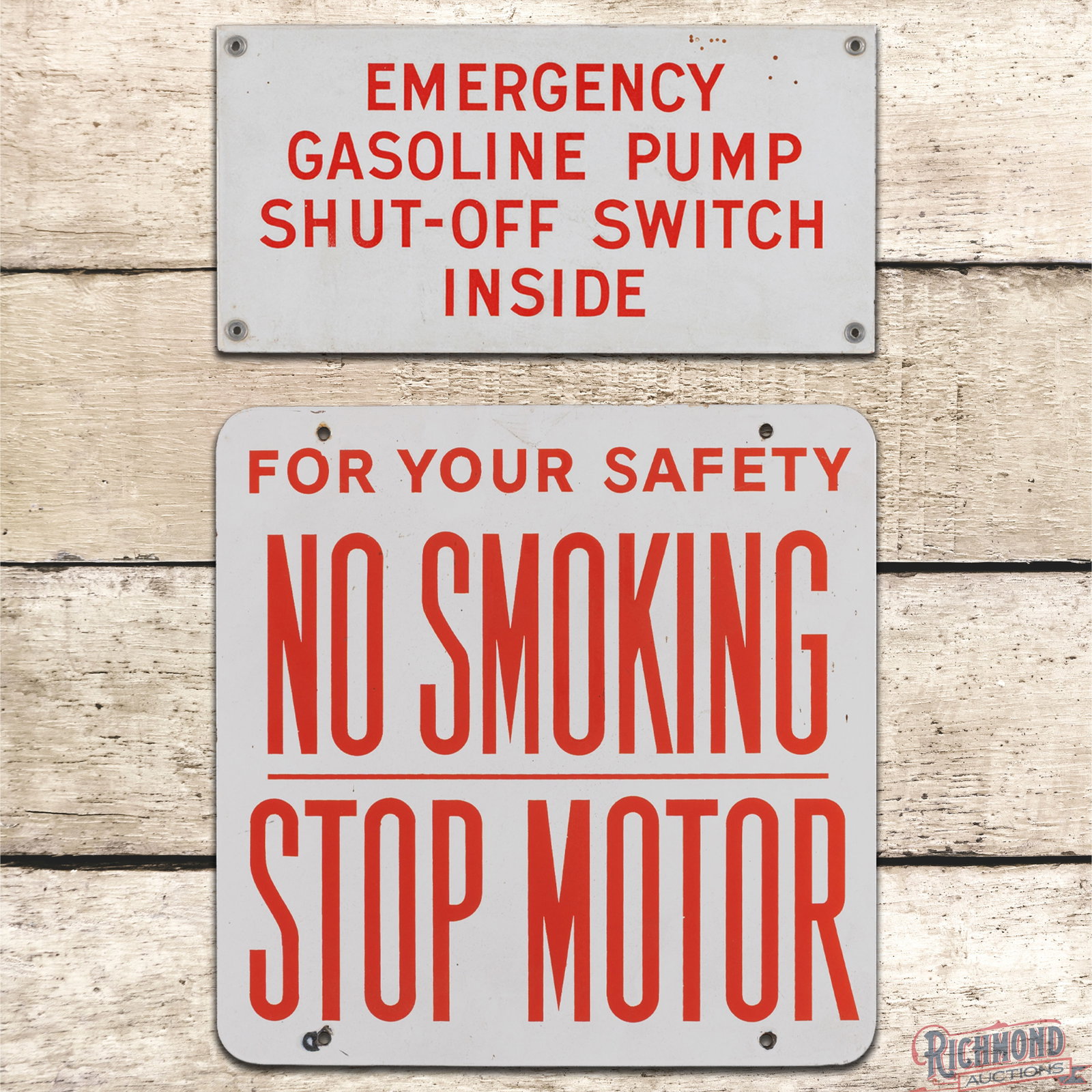 2 Single Sided Porcelain Signs No Smoking Stop Motor & Emergency Gasoline Pump Shut Off Switch: Group of Two SSP (single sided porcelain) signs have good color and gloss. The No Smoking sign has light wear throughout with chips at the lower mount holes and tiny chips along the edges. The Emergen