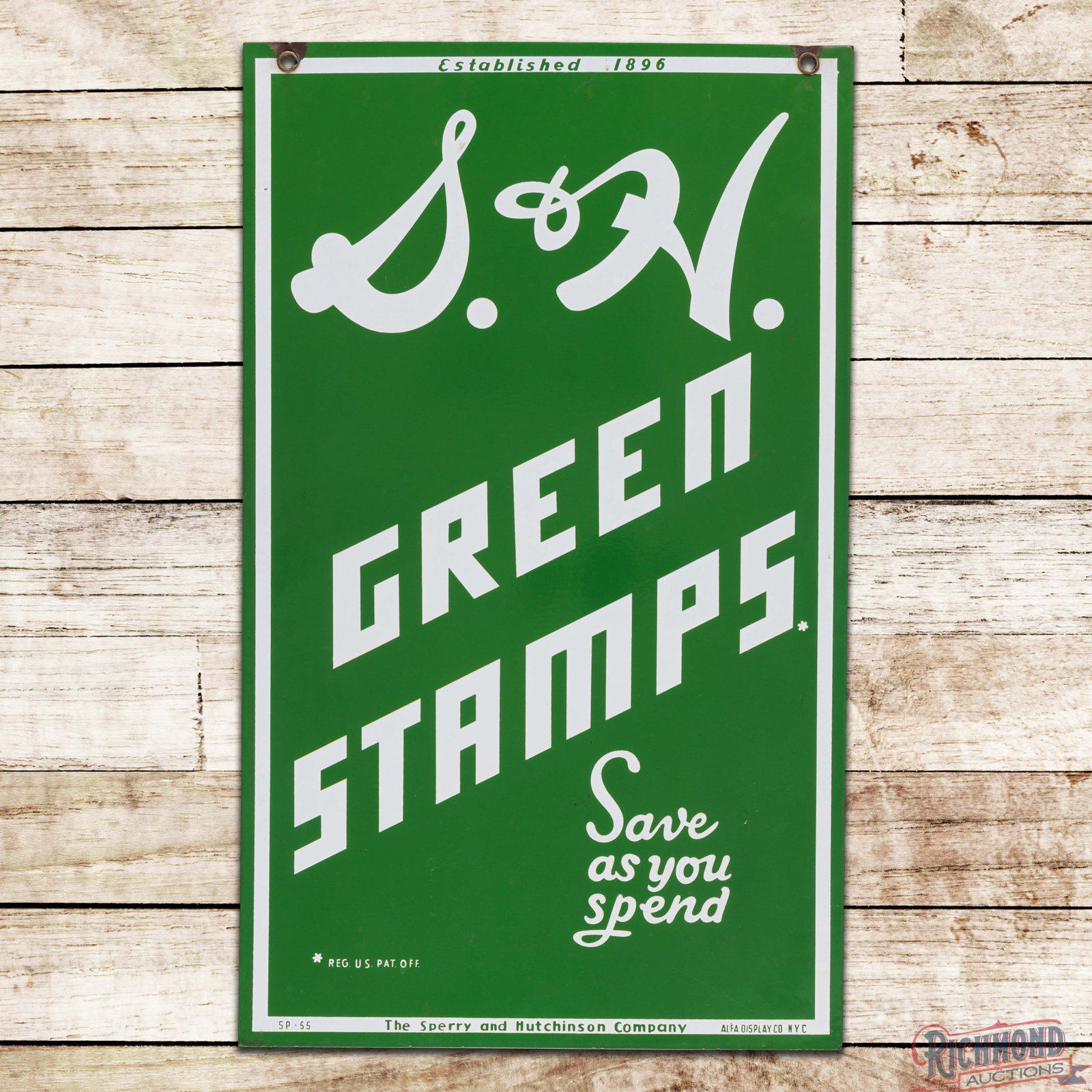 S&H Green Stamps Double Sided Porcelain Sign: DSP (double sided porcelain) sign has excellent color and gloss. The display has a clean field with small chips at the upper mount holes. The reverse is in a similar condition. 33" H x 20" W. Conditio