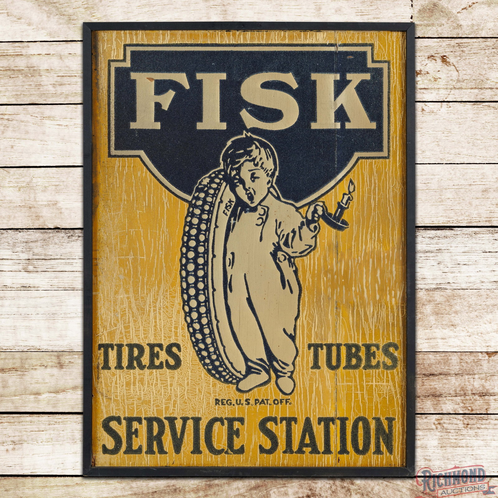 Fisk Tires Tubes Service Station DS Wooden Smaltz Sign w/ Boy & Tire: Double sided wooden smaltz painted sign has good color and shine. The sign features a large "Fisk Boy" graphic in the field with blue smaltz paint and a weathered yellow background. The display has ar