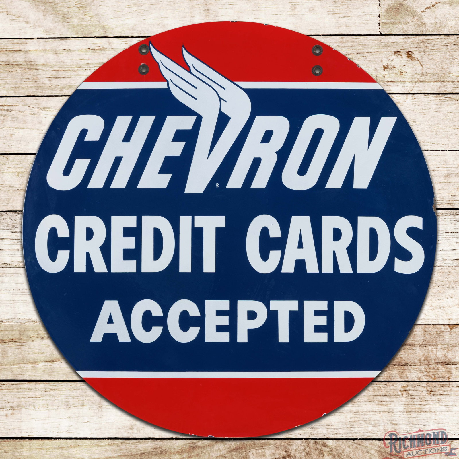 Chevron Credit Cards Accepted 33.5" Double Sided Porcelain Sign: DSP (double sided porcelain) sign has excellent color and gloss. The display is exceptionally clean with minor surface imperfections in the fields and small chips along the edges. The reverse is in a 
