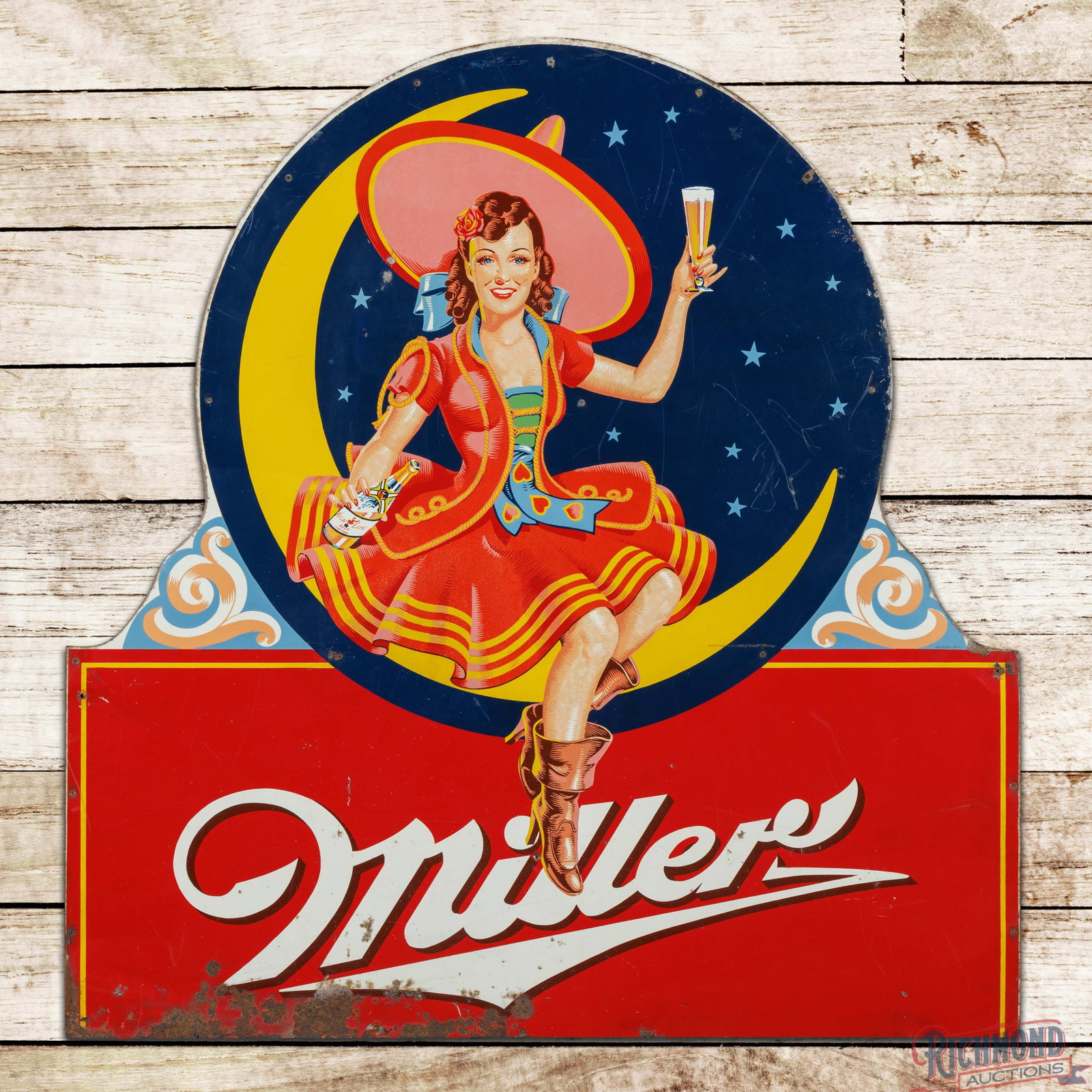 Miller High Life Beer Die Cut 3' Single Sided Tin Sign w/ Lady on the Moon (1 of 3)