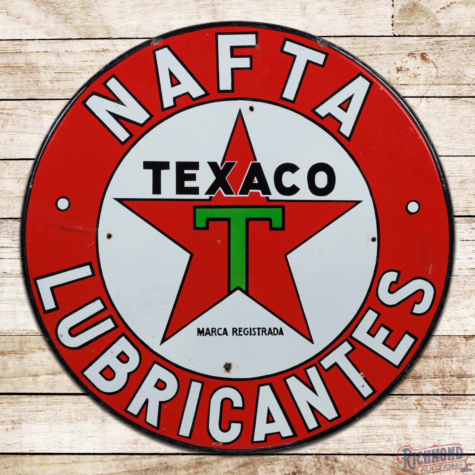 Texaco Nafta Lubricants 36" Double Sided Porcelain Sign w/ Logo: DSP (double sided porcelain) sign has very good color and gloss. The display has small chips with light wear and four small non-factory holes in the field. The perimeter has minor chipping at the moun