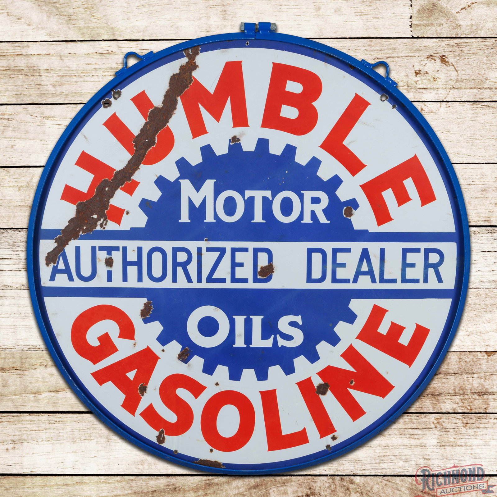 Humble Gasoline Motor Oils Dealer 42" Double Sided Porcelain Sign w/ Ring: DSP (double sided porcelain) sign has good color and gloss. Side #1 has chips in the fields with a larger area of porcelain loss in the upper right outer fields. The reverse is in a similar condition 
