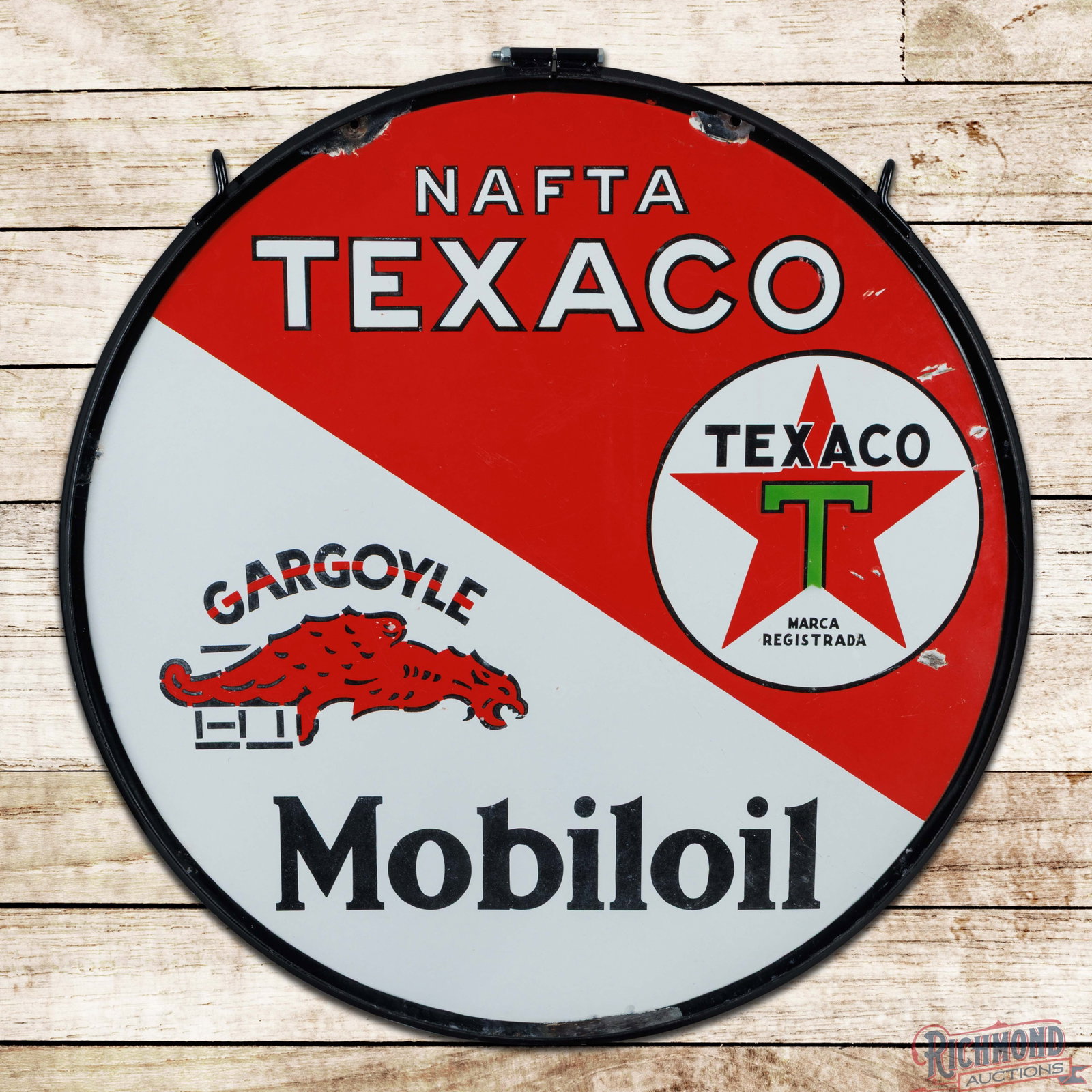 Nafta Texaco Gargoyle Mobiloils 36" Double Sided Porcelain Sign w/ Ring: DSP (double sided porcelain) sign has good color and gloss. Side #1 has light wear with small flakes in the Gargoyle graphic. The lower "Mobiloil" lettering has slight cloudiness and the right outer f
