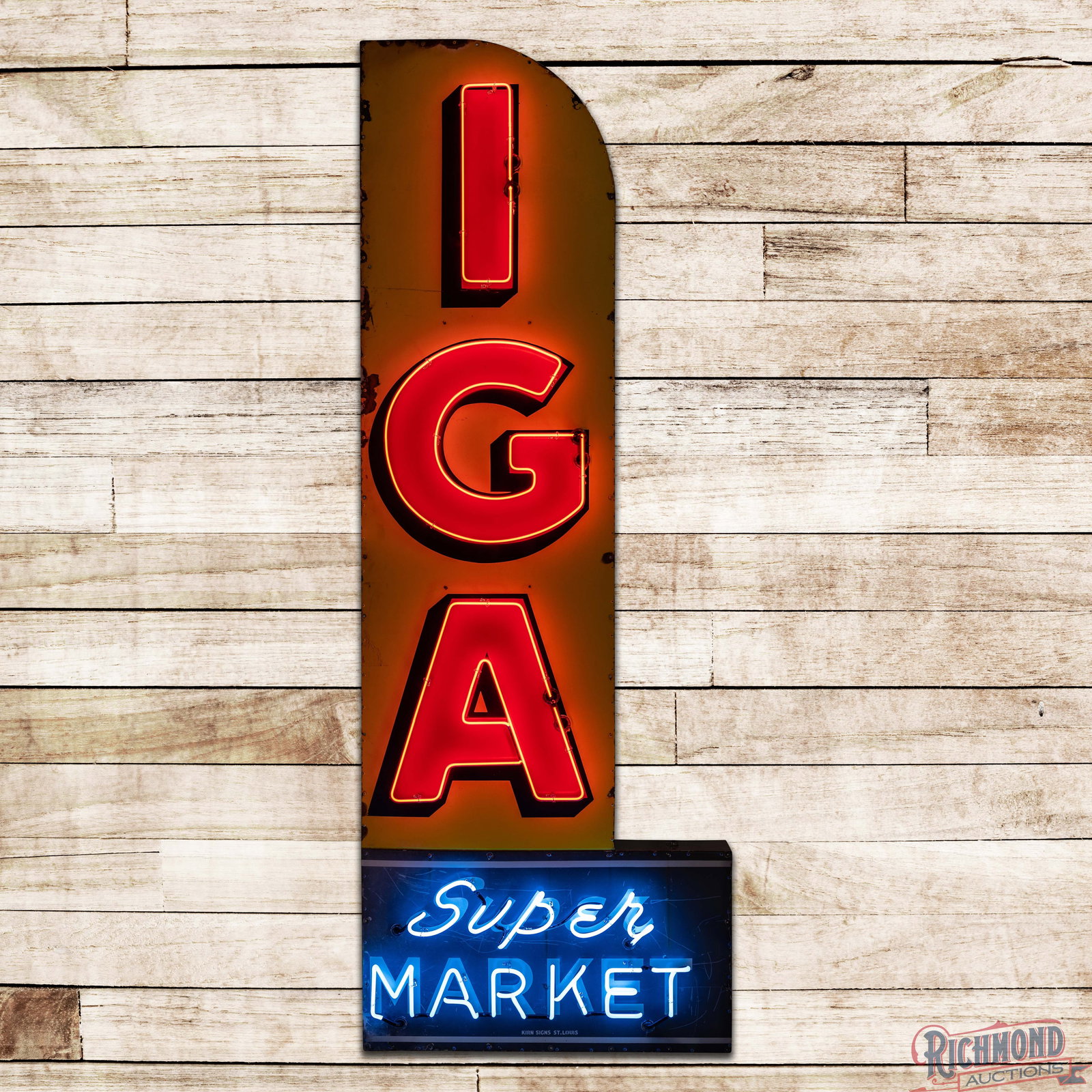 IGA Super Market 10' Die Cut Single Sided Porcelain Factory Neon Sign: SSP (single sided porcelain) factory neon sign with a new metal can has good color. The upper "IGA" sign portion has good gloss with small chips and light wear in the fields. The perimeter has chips w