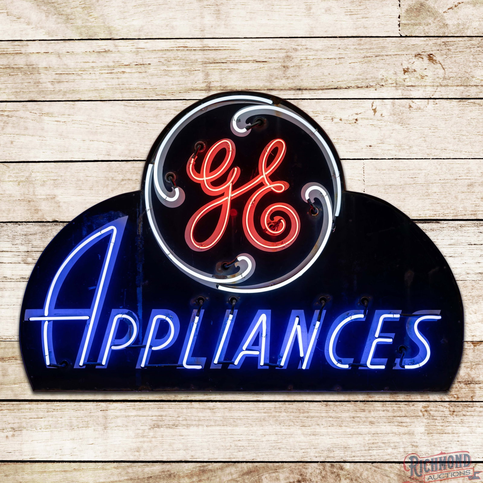 GE General Electric Appliances 5' Double Sided Porcelain Factory Neon Sign w/ Logo: DSP (double sided porcelain) die cut factory neon sign with the original metal can has good color. The display has chips and surface wear with areas of discoloration and lower gloss in the fields. The
