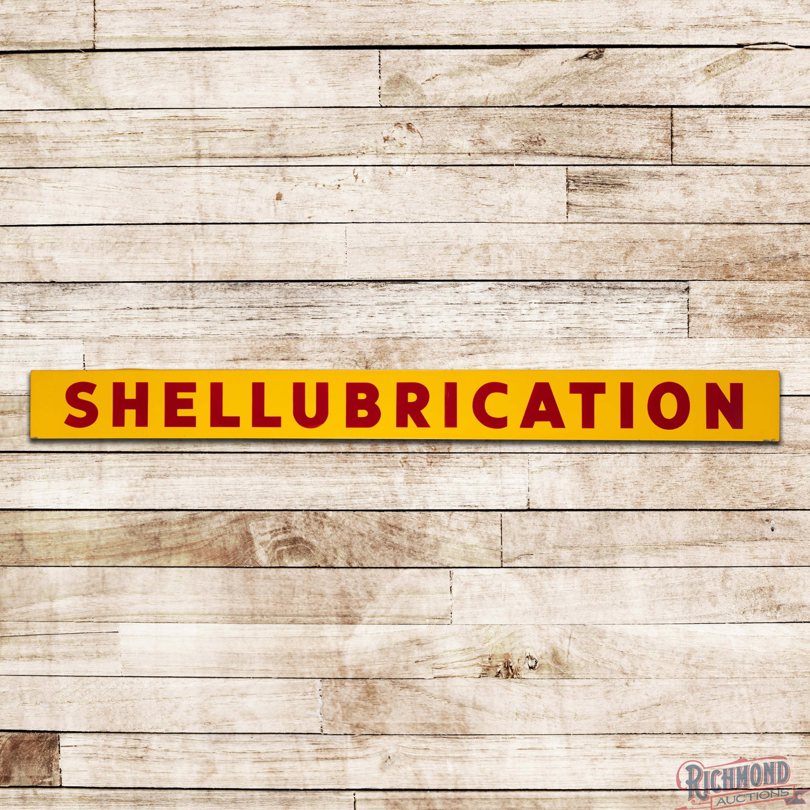 Shellubrication 9' Single Sided Porcelain Shell Service Station Sign: SSP (single sided porcelain) rolled-edge sign has excellent color and gloss. The display is very clean overall, with scratches in the "I & A" and other minor surface imperfections. The perimeter has s